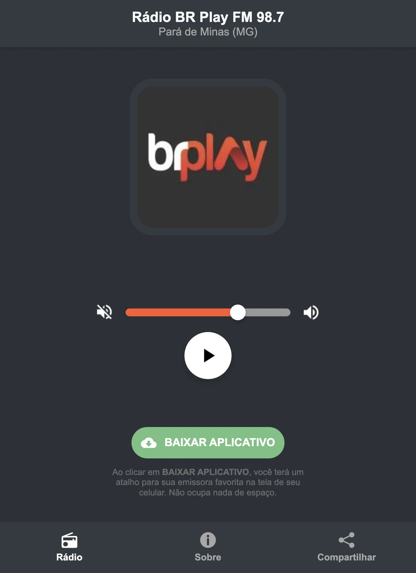 Screenshot do aplicativo da Rádio BR Play FM 98.7