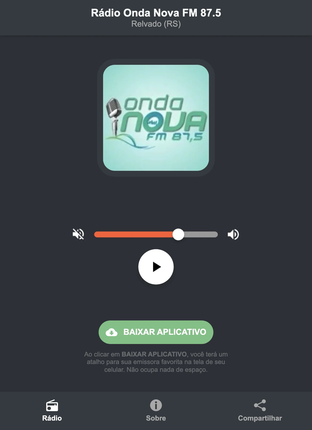 Screenshot do aplicativo da Rádio Onda Nova FM 87.5
