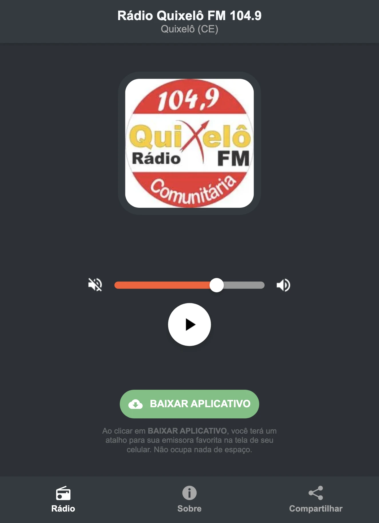 Screenshot do aplicativo da Rádio Quixelô FM 104.9
