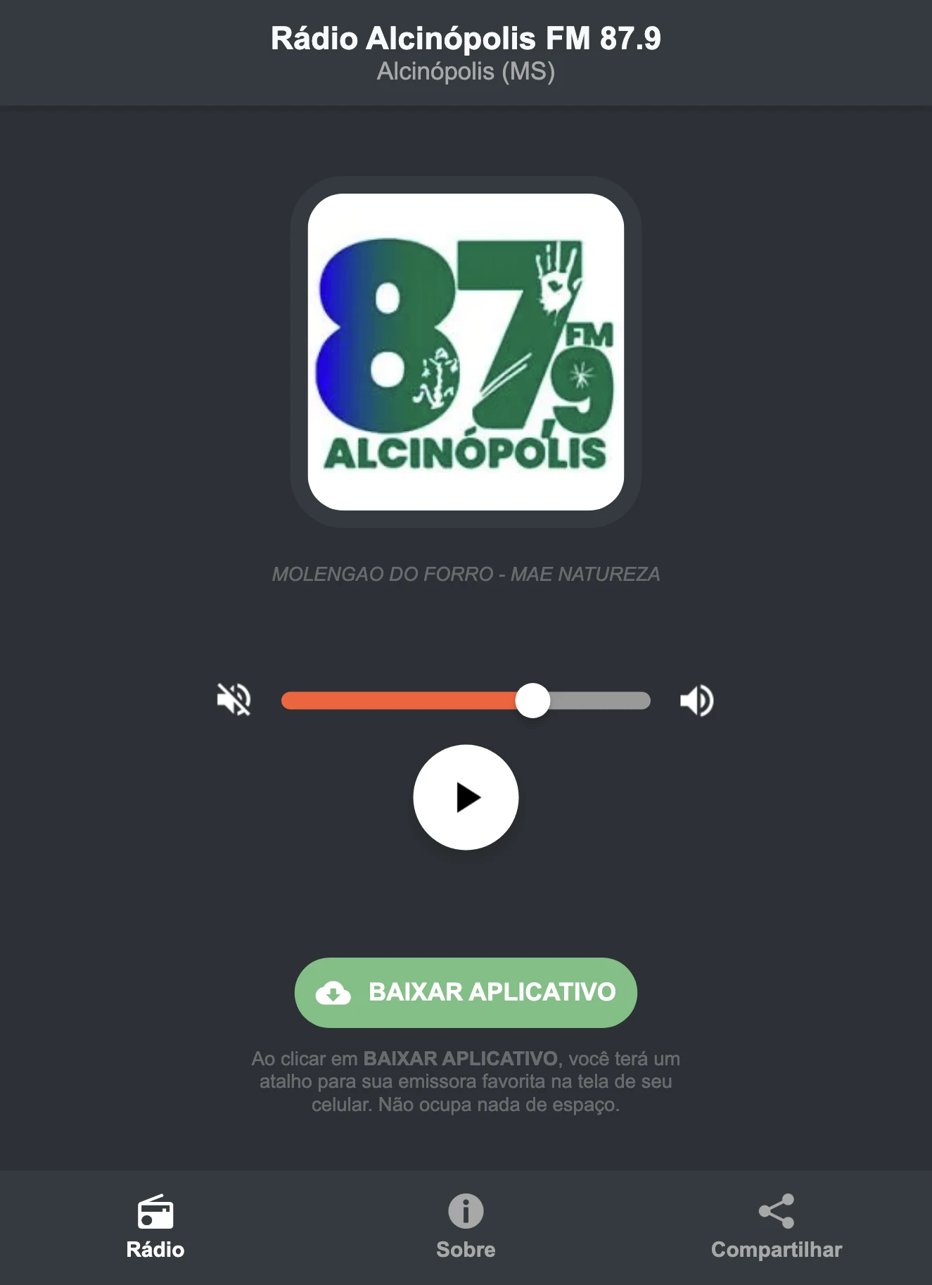 Screenshot do aplicativo da Rádio Alcinópolis FM 87.9