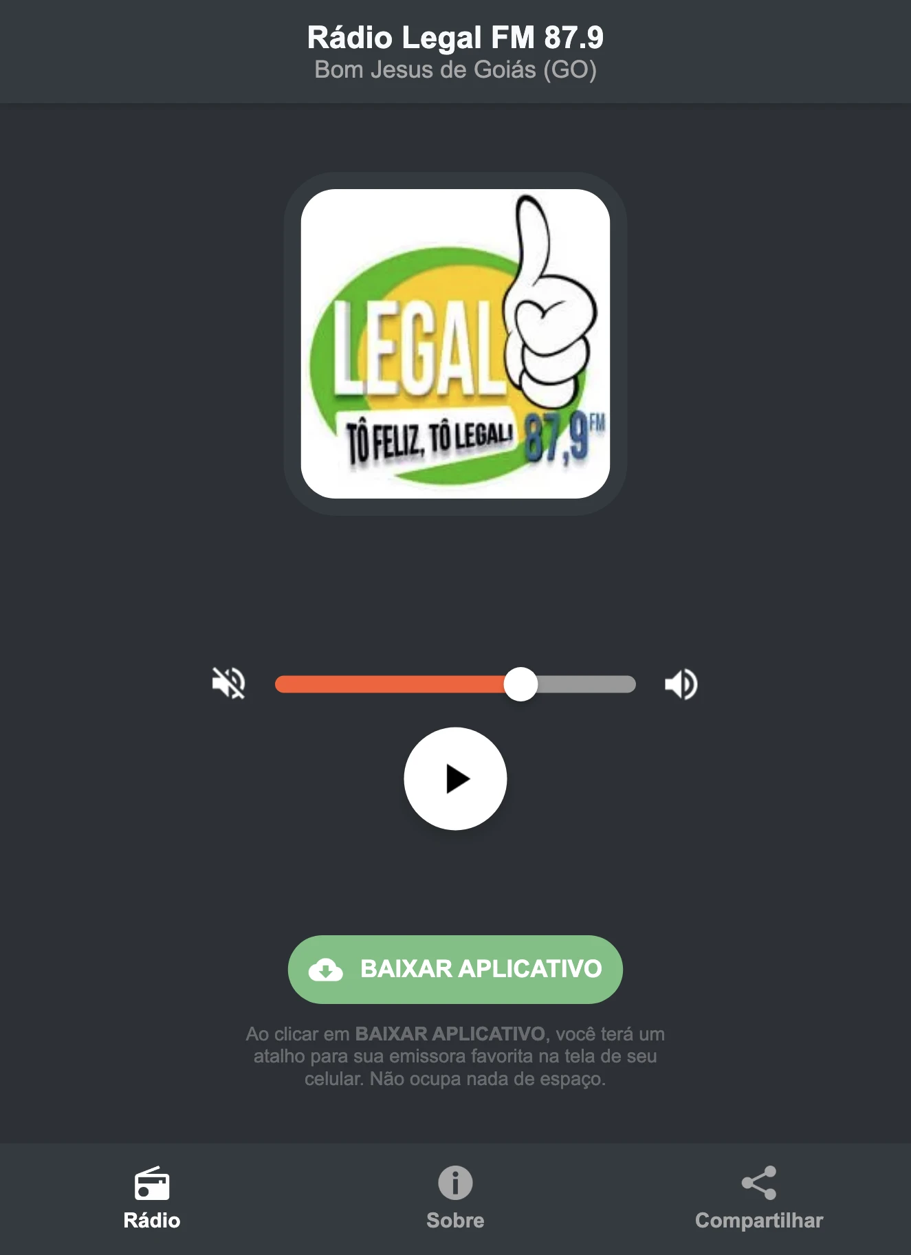 Screenshot do aplicativo da Rádio Legal FM 87.9