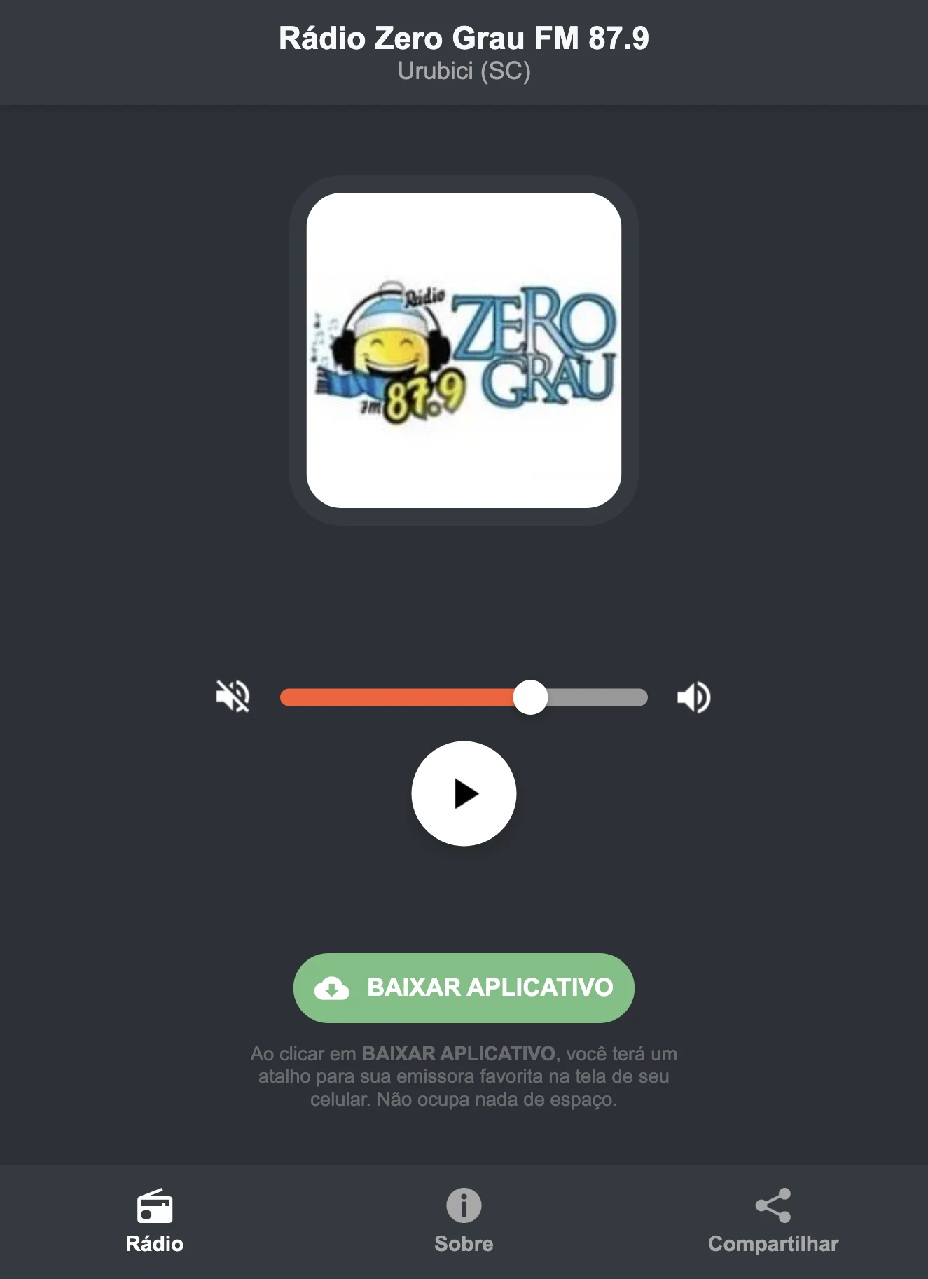 Screenshot do aplicativo da Rádio Zero Grau FM 87.9