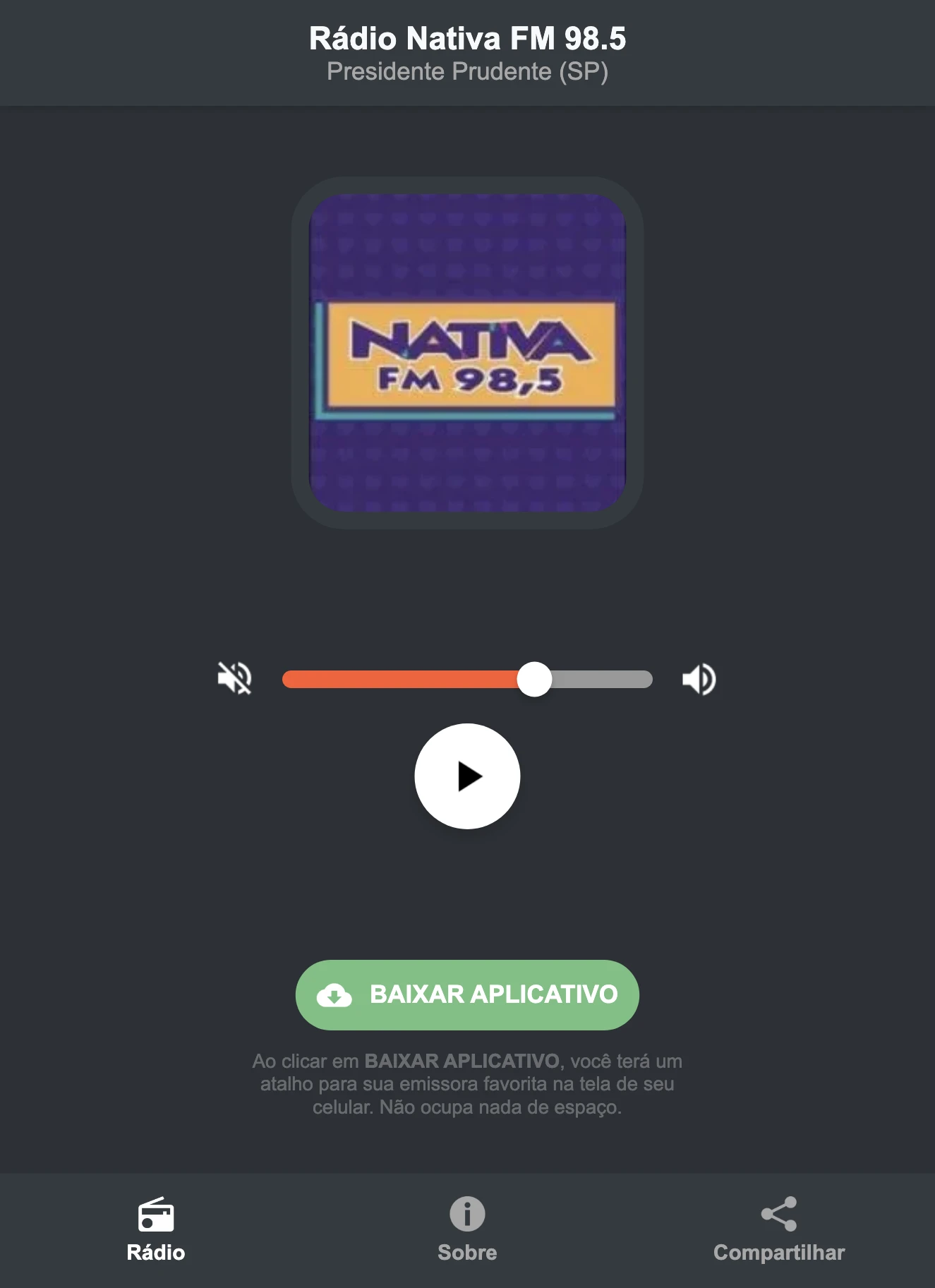 Screenshot do aplicativo da Rádio Nativa FM 98.5