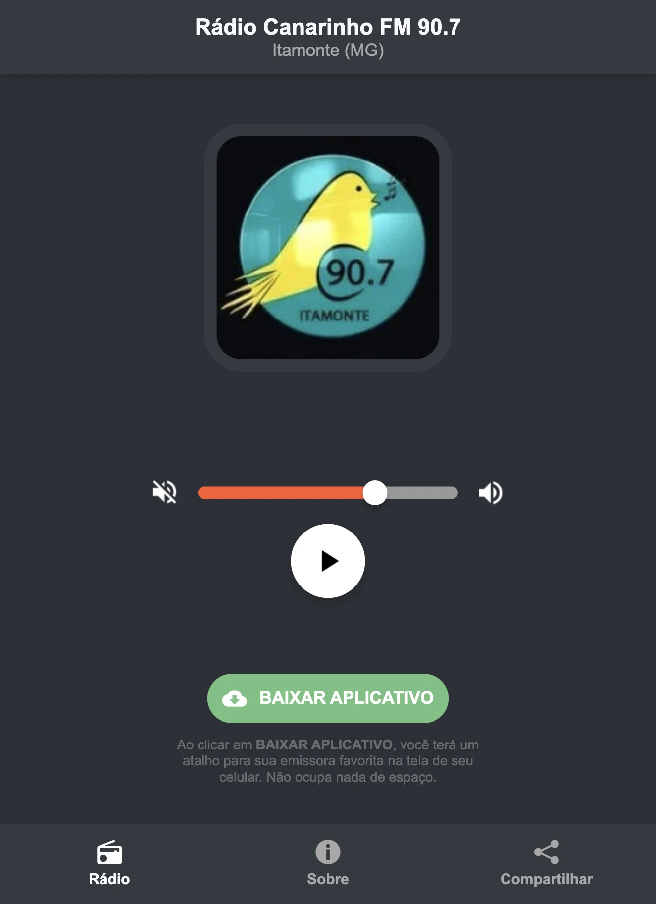 Screenshot do aplicativo da Rádio Canarinho FM 90.7