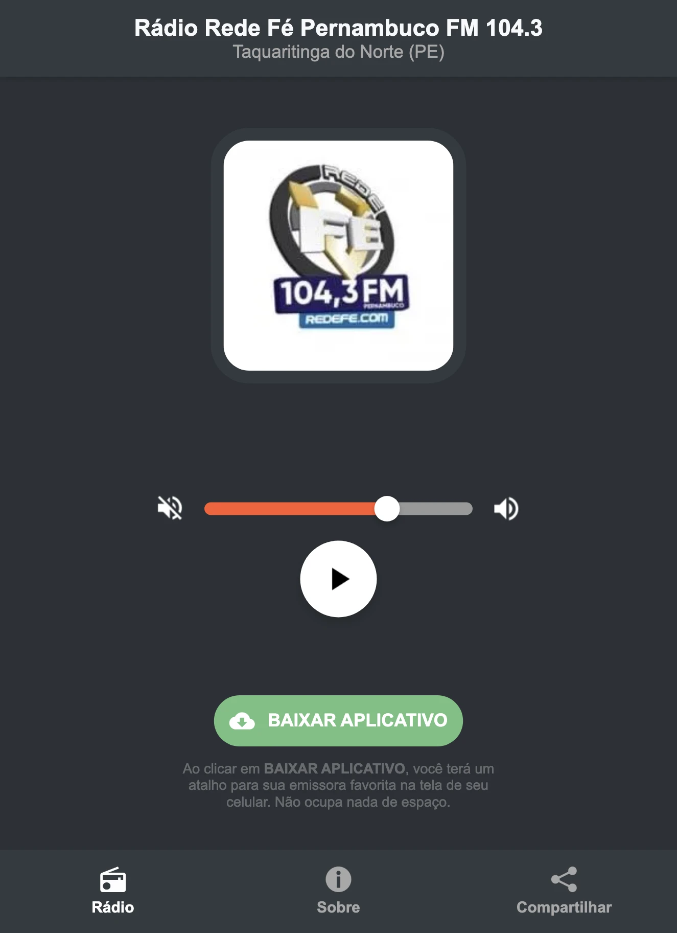 Screenshot do aplicativo da Rádio Rede Fé Pernambuco FM 104.3