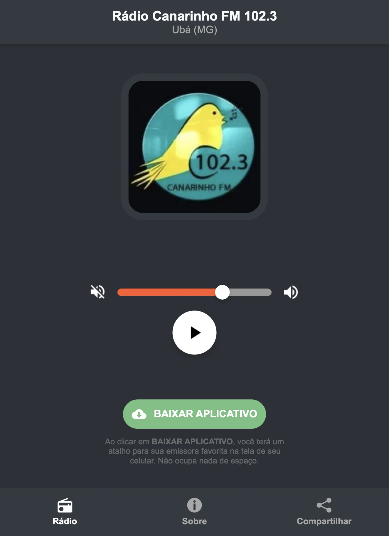 Screenshot do aplicativo da Rádio Canarinho FM 102.3