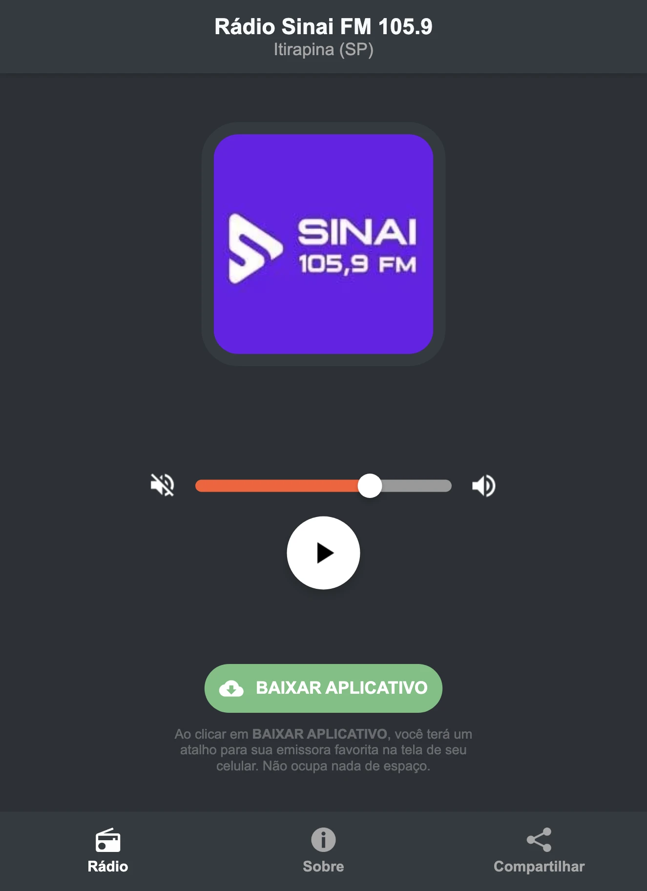 Screenshot do aplicativo da Rádio Sinai FM 105.9