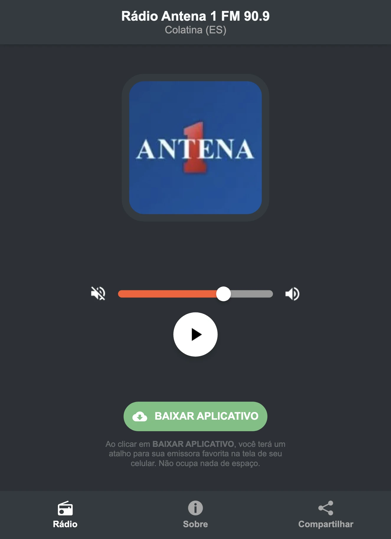 Screenshot do aplicativo da Rádio Antena 1 FM 90.9