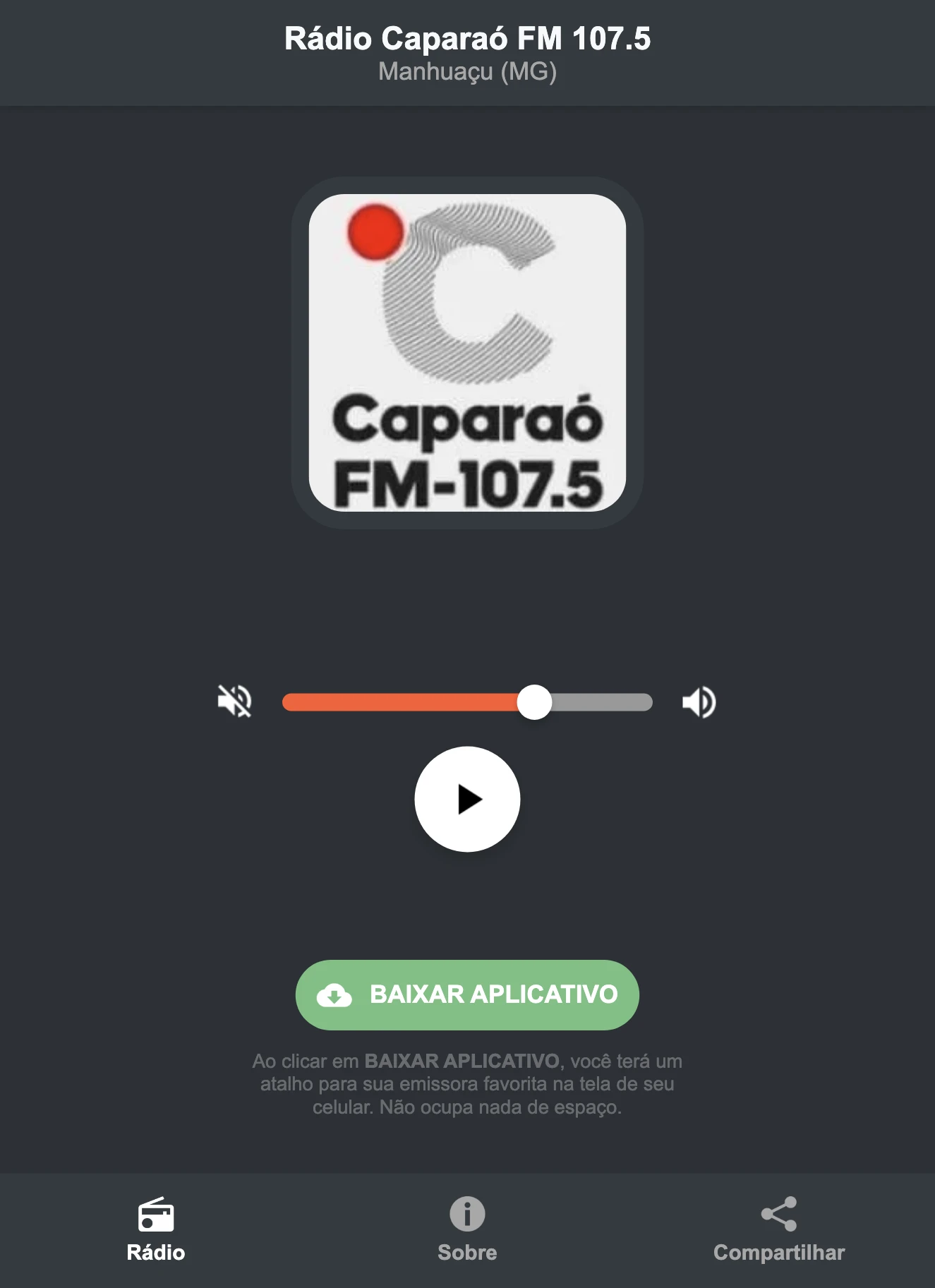 Screenshot do aplicativo da Rádio Caparaó FM 107.5