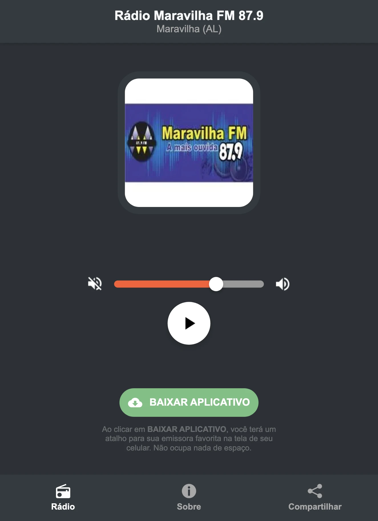 Screenshot do aplicativo da Rádio Maravilha FM 87.9