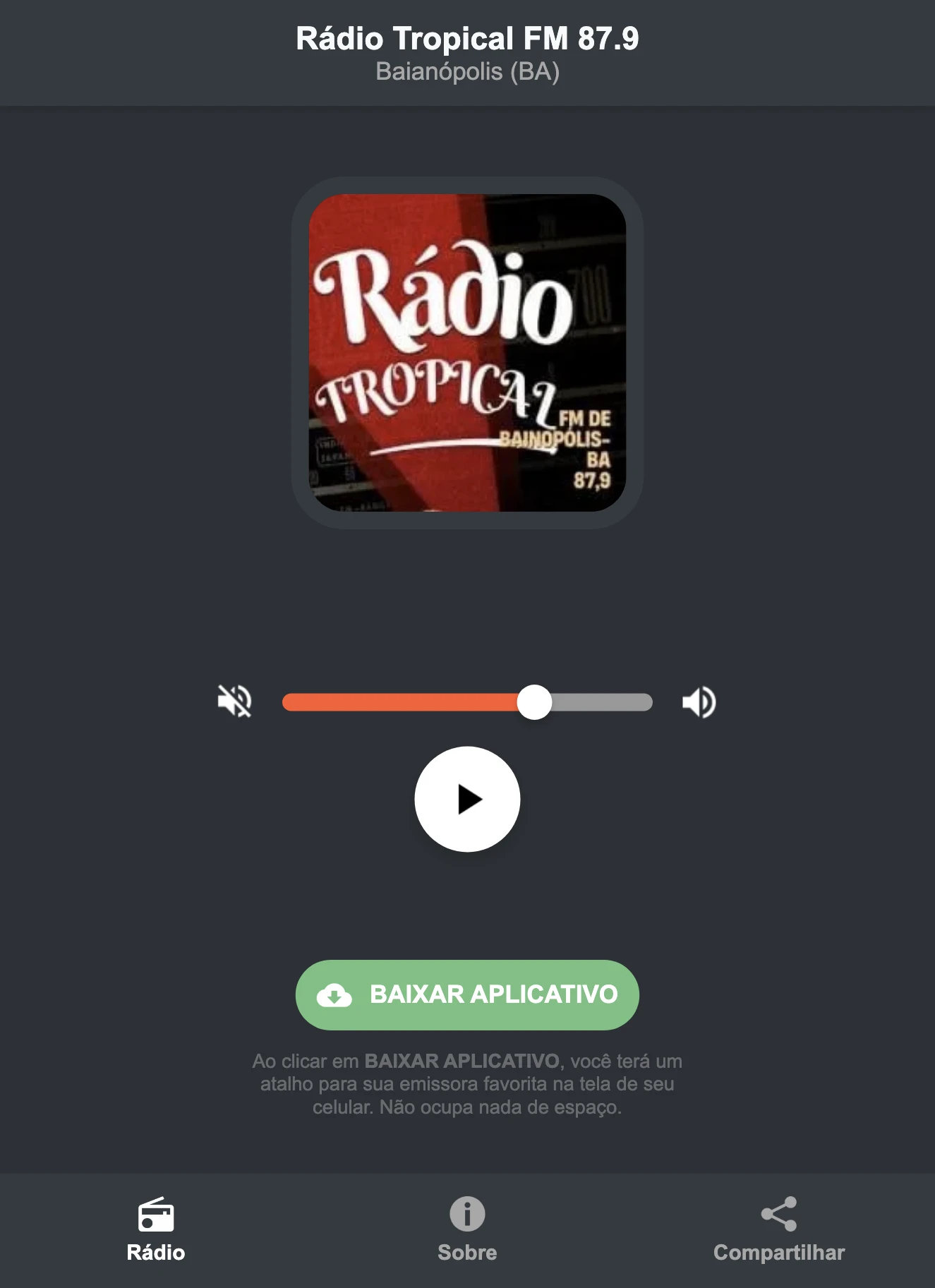 Screenshot do aplicativo da Rádio Tropical FM 87.9