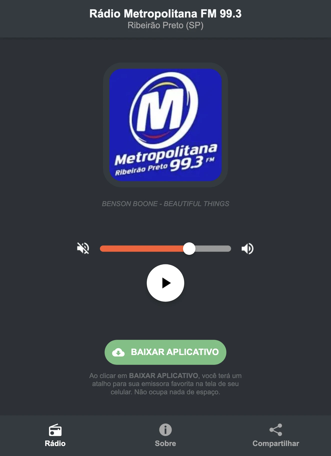 Screenshot do aplicativo da Rádio Metropolitana FM 99.3