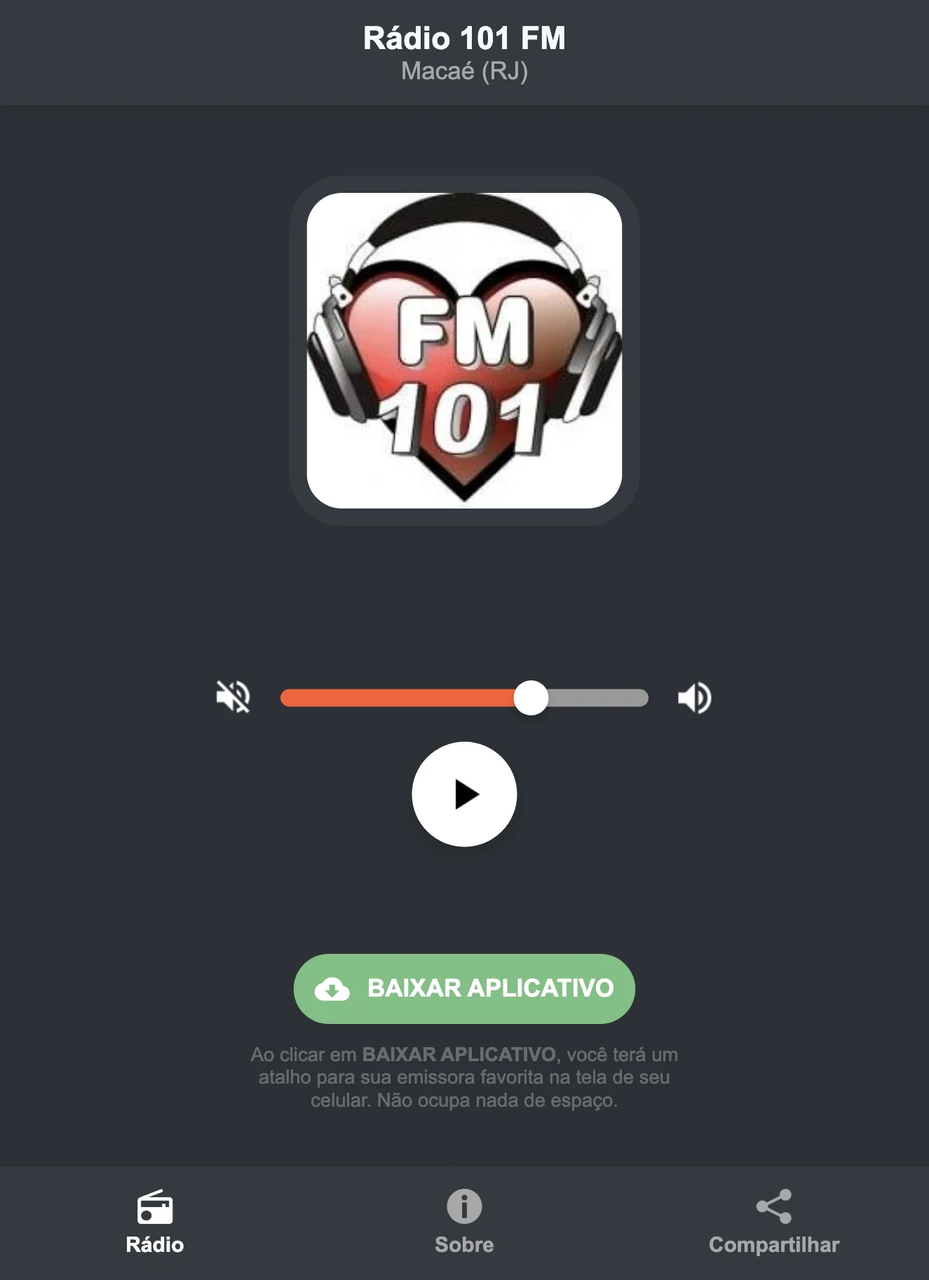 Screenshot do aplicativo da Rádio 101 FM