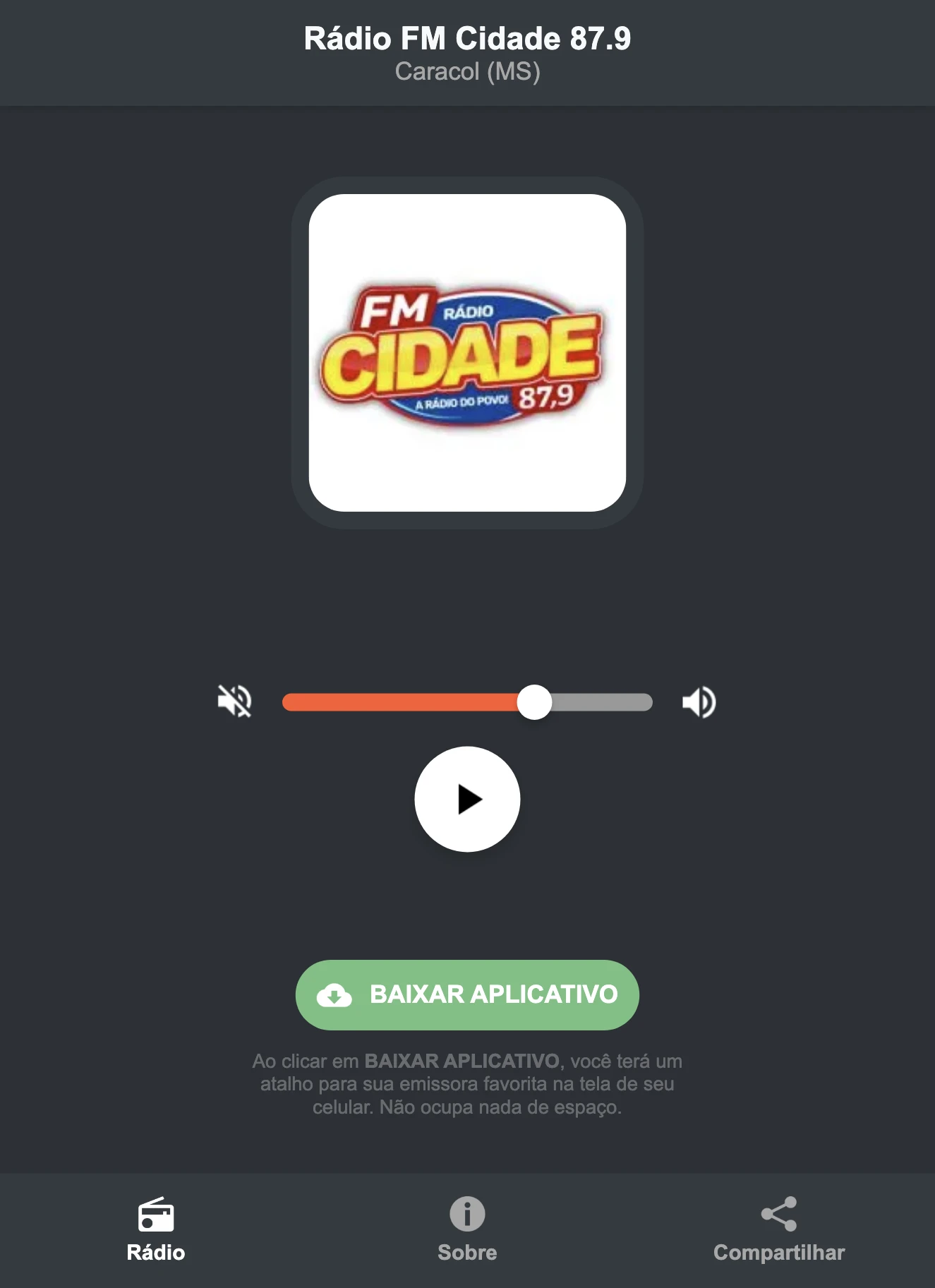 Screenshot do aplicativo da Rádio FM Cidade 87.9