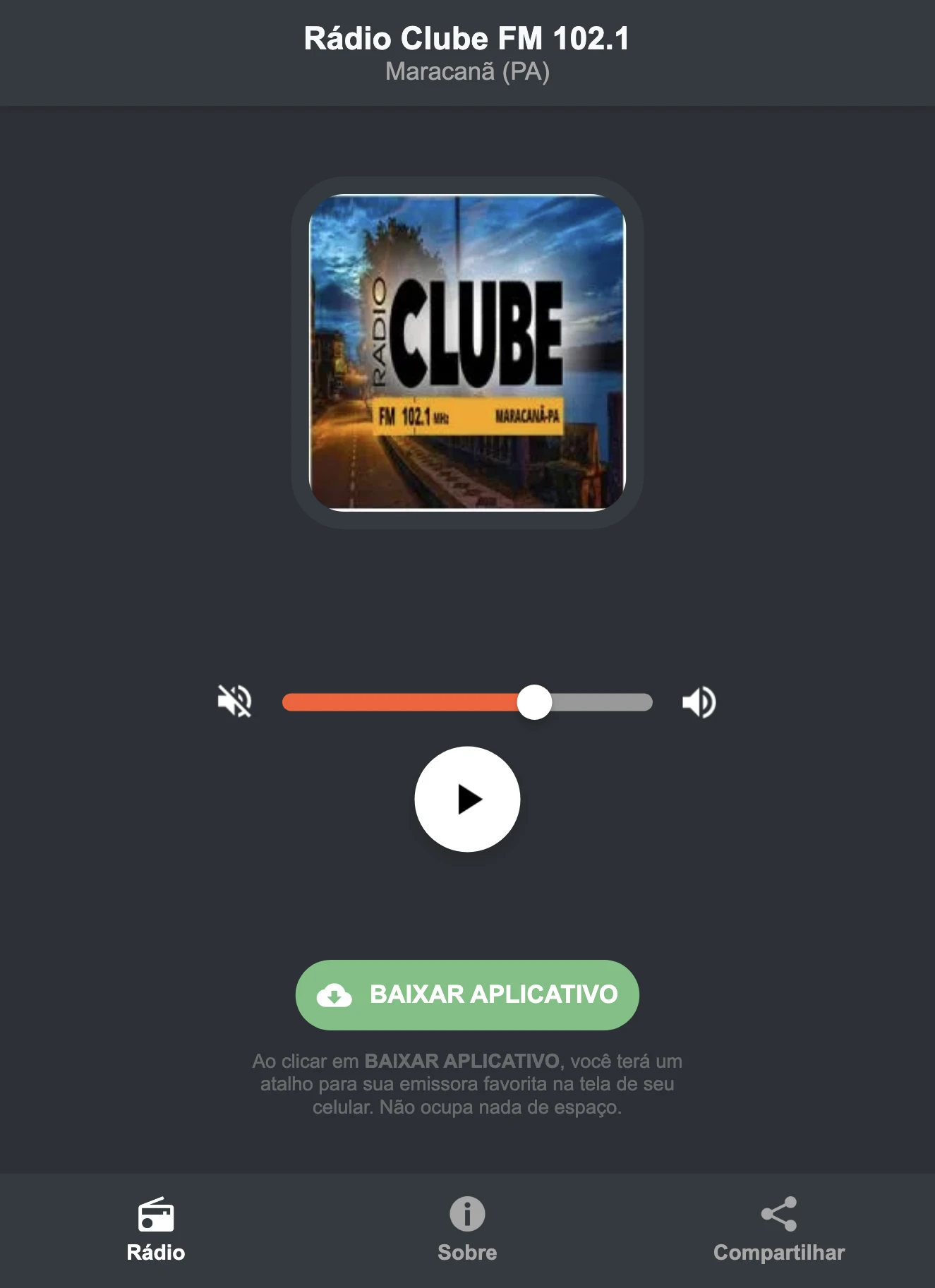 Screenshot do aplicativo da Rádio Clube FM 102.1
