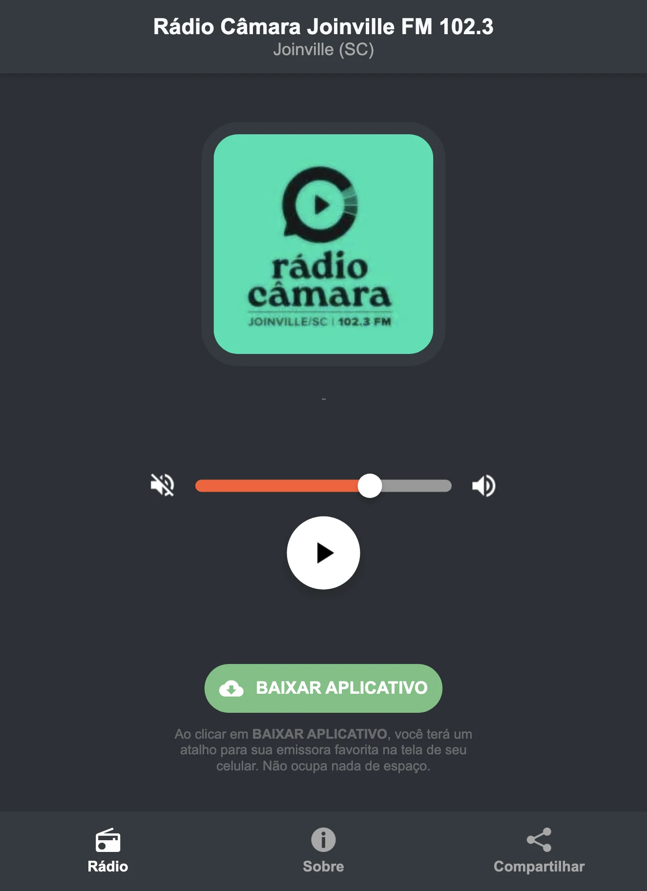 Screenshot do aplicativo da Rádio Câmara Joinville FM 102.3