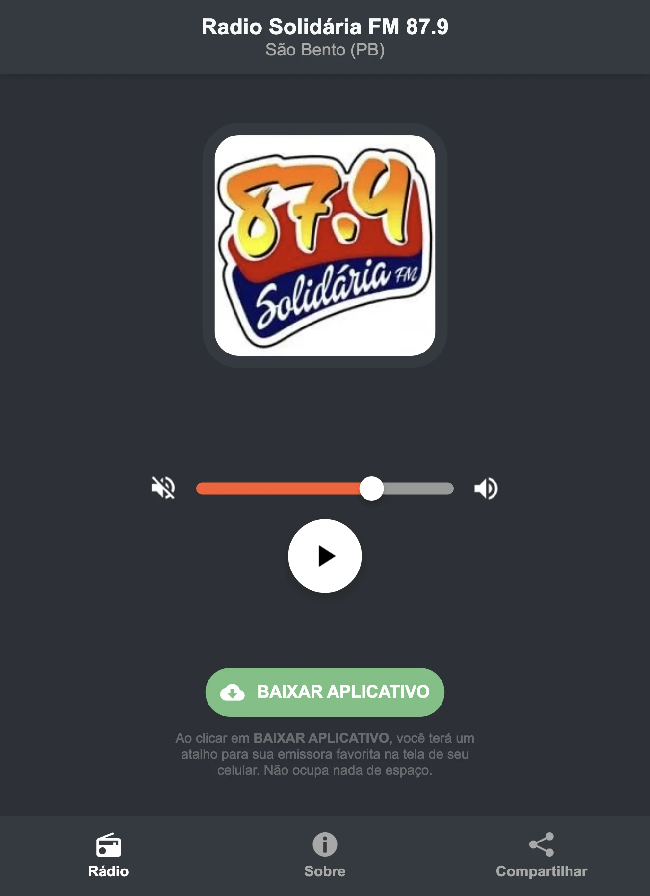 Screenshot do aplicativo da Radio Solidária FM 87.9