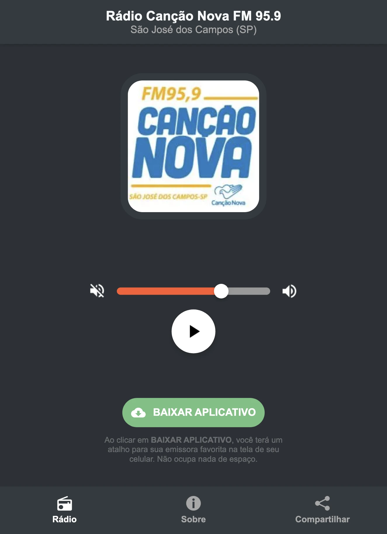 Screenshot do aplicativo da Rádio Canção Nova FM 95.9