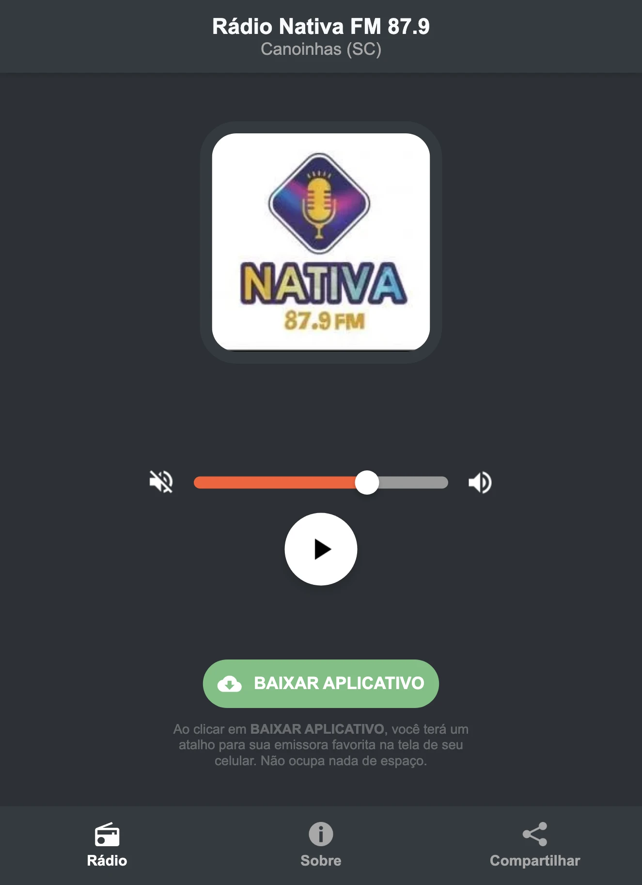 Screenshot do aplicativo da Rádio Nativa FM 87.9