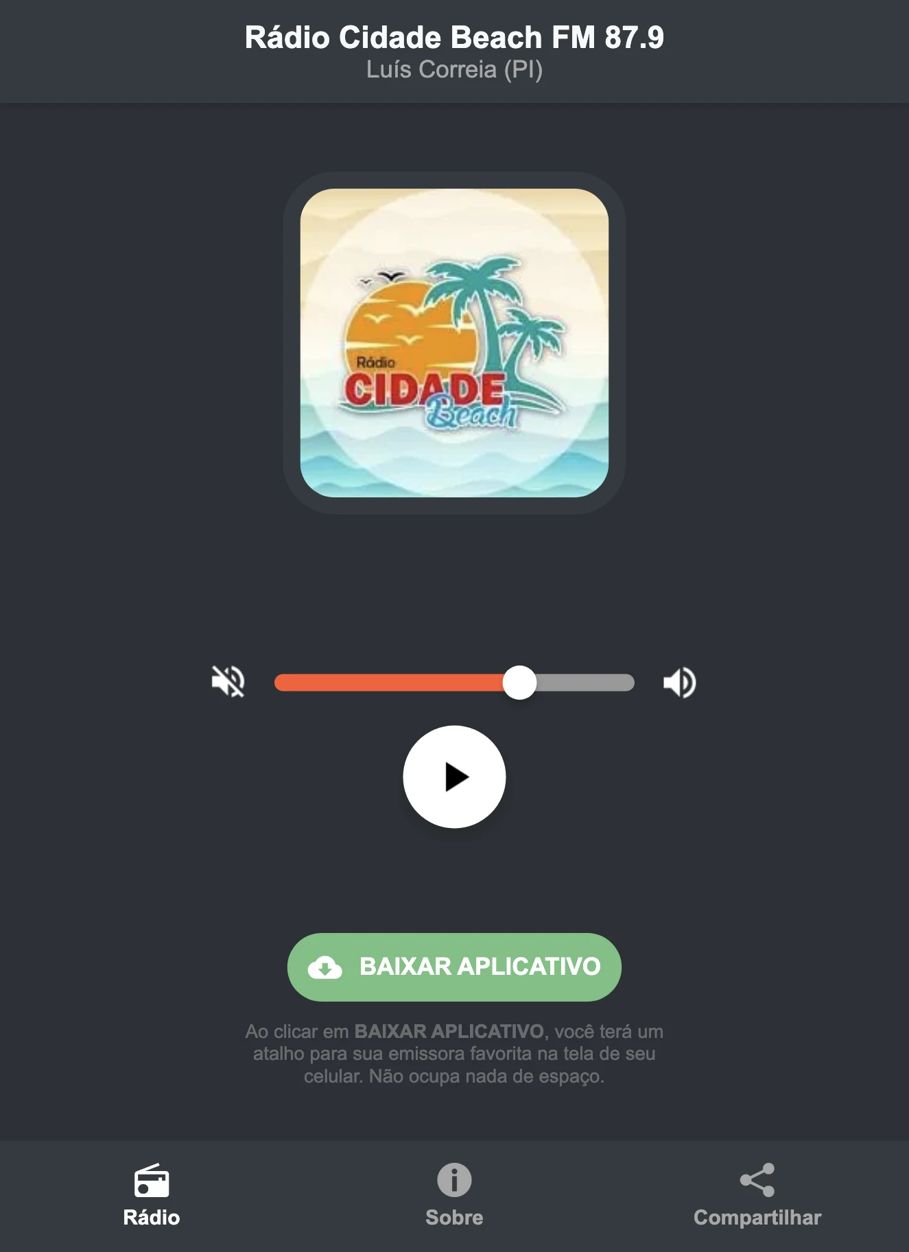 Screenshot do aplicativo da Rádio Cidade Beach FM 87.9