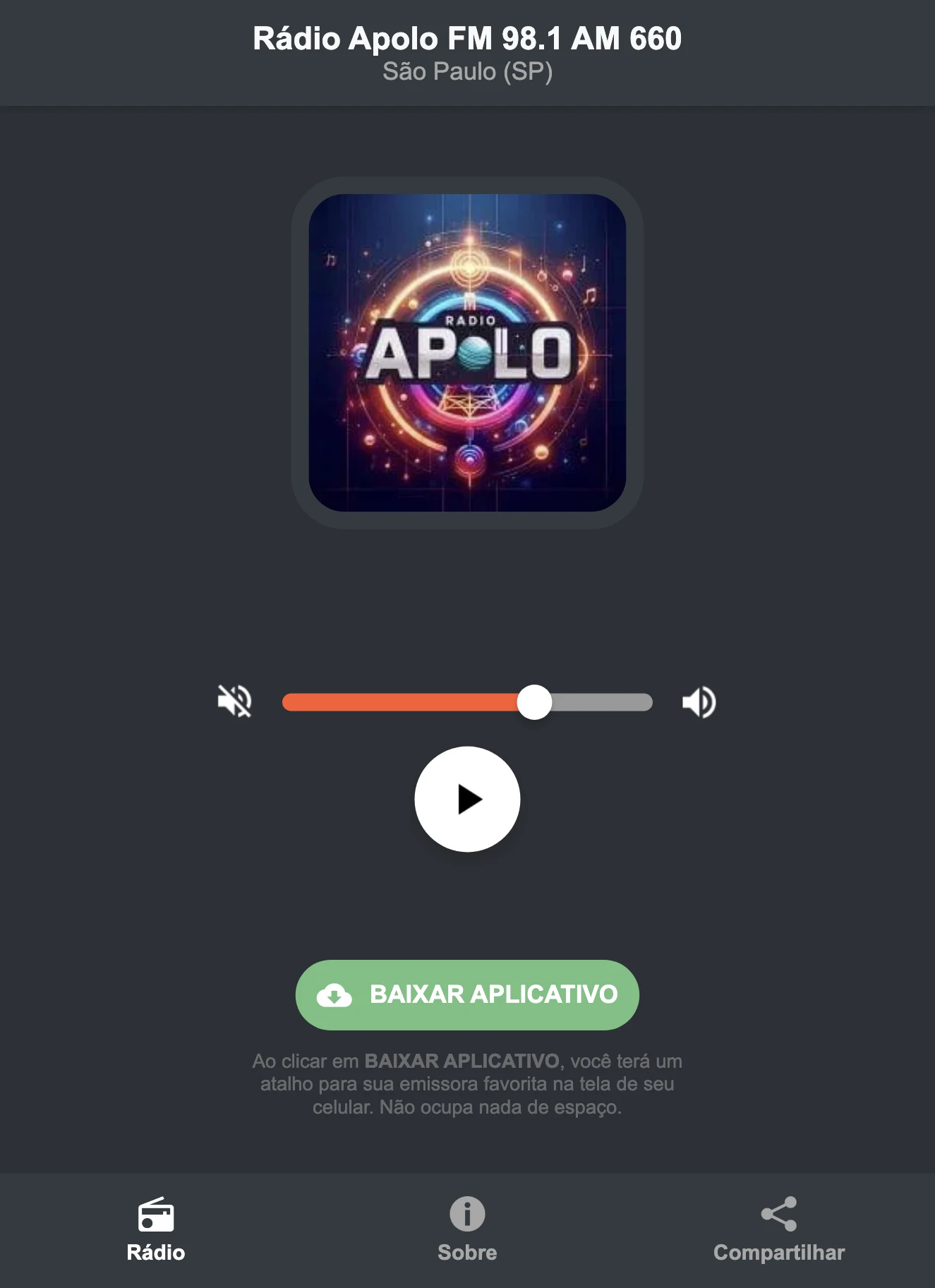 Screenshot do aplicativo da Rádio Apolo FM 98.1 AM 660