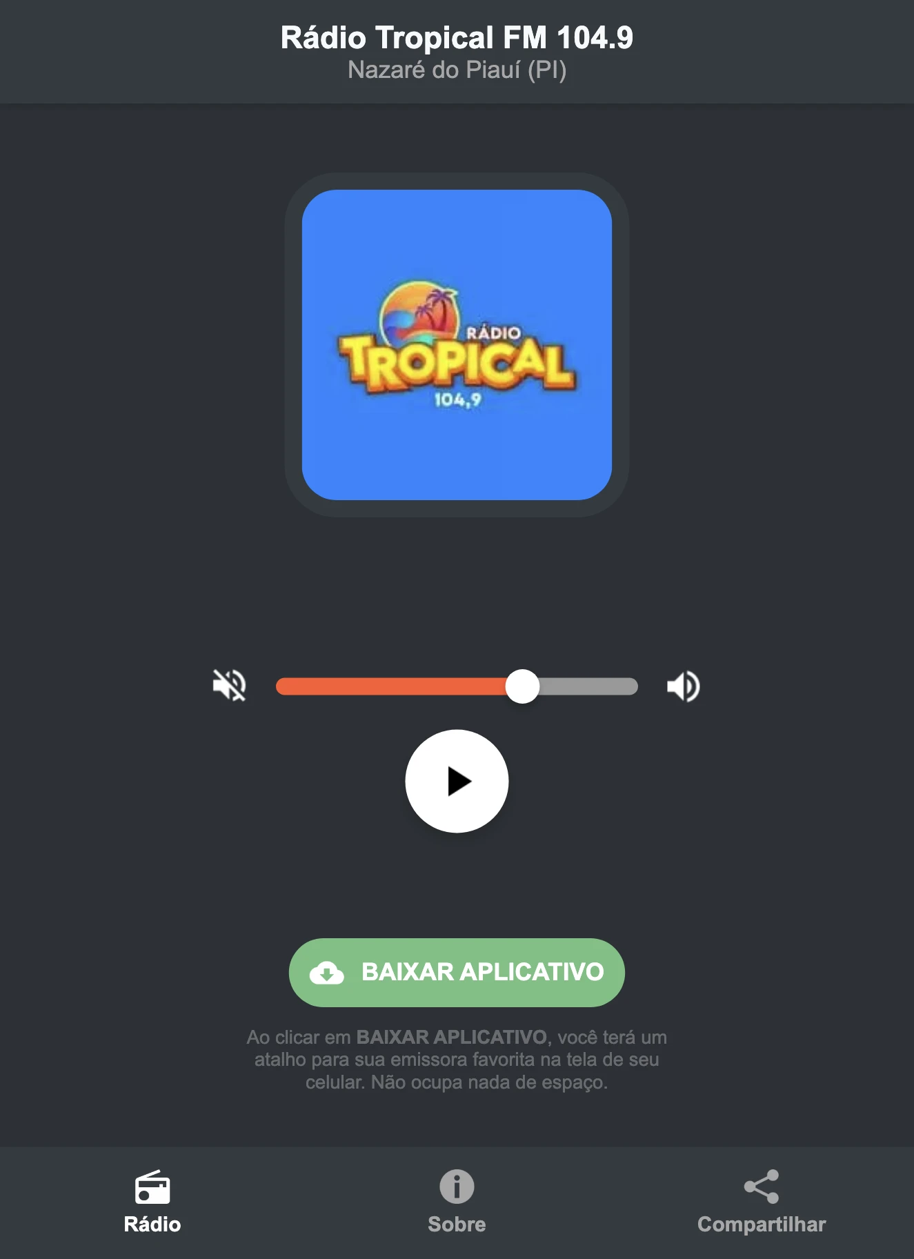 Screenshot do aplicativo da Rádio Tropical FM 104.9