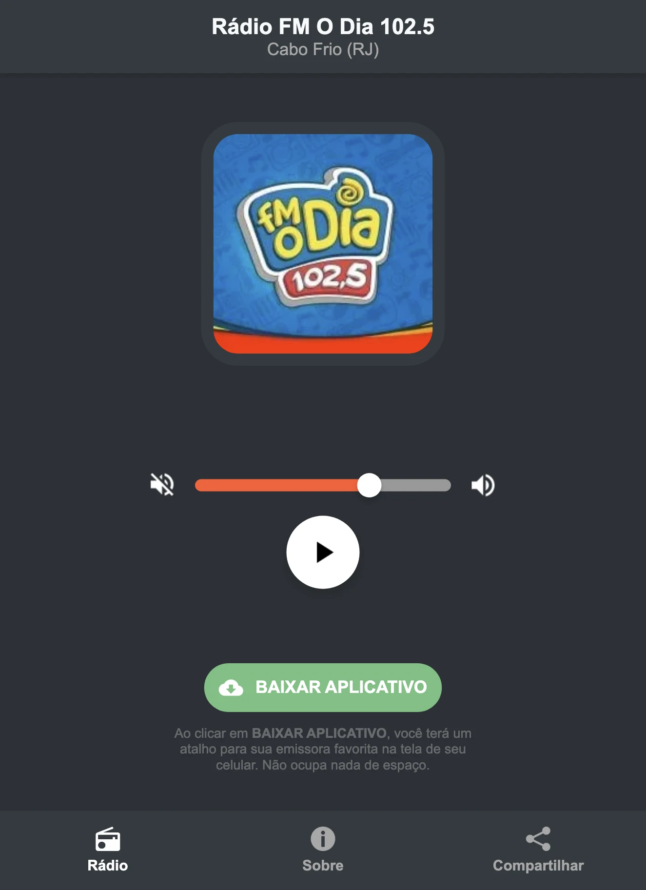 Screenshot do aplicativo da Rádio FM O Dia 102.5