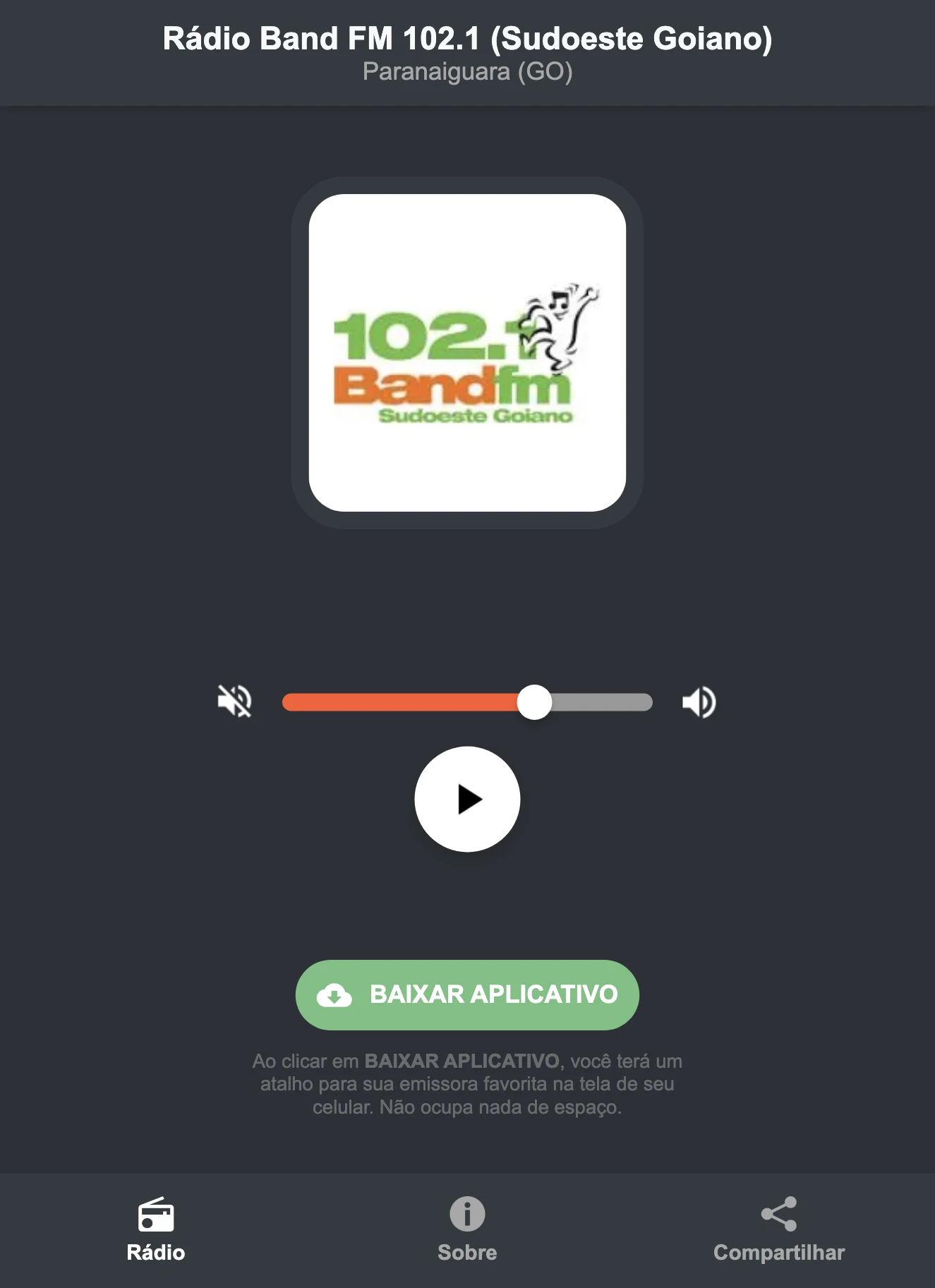 Screenshot do aplicativo da Rádio Band FM 102.1 (Sudoeste Goiano)