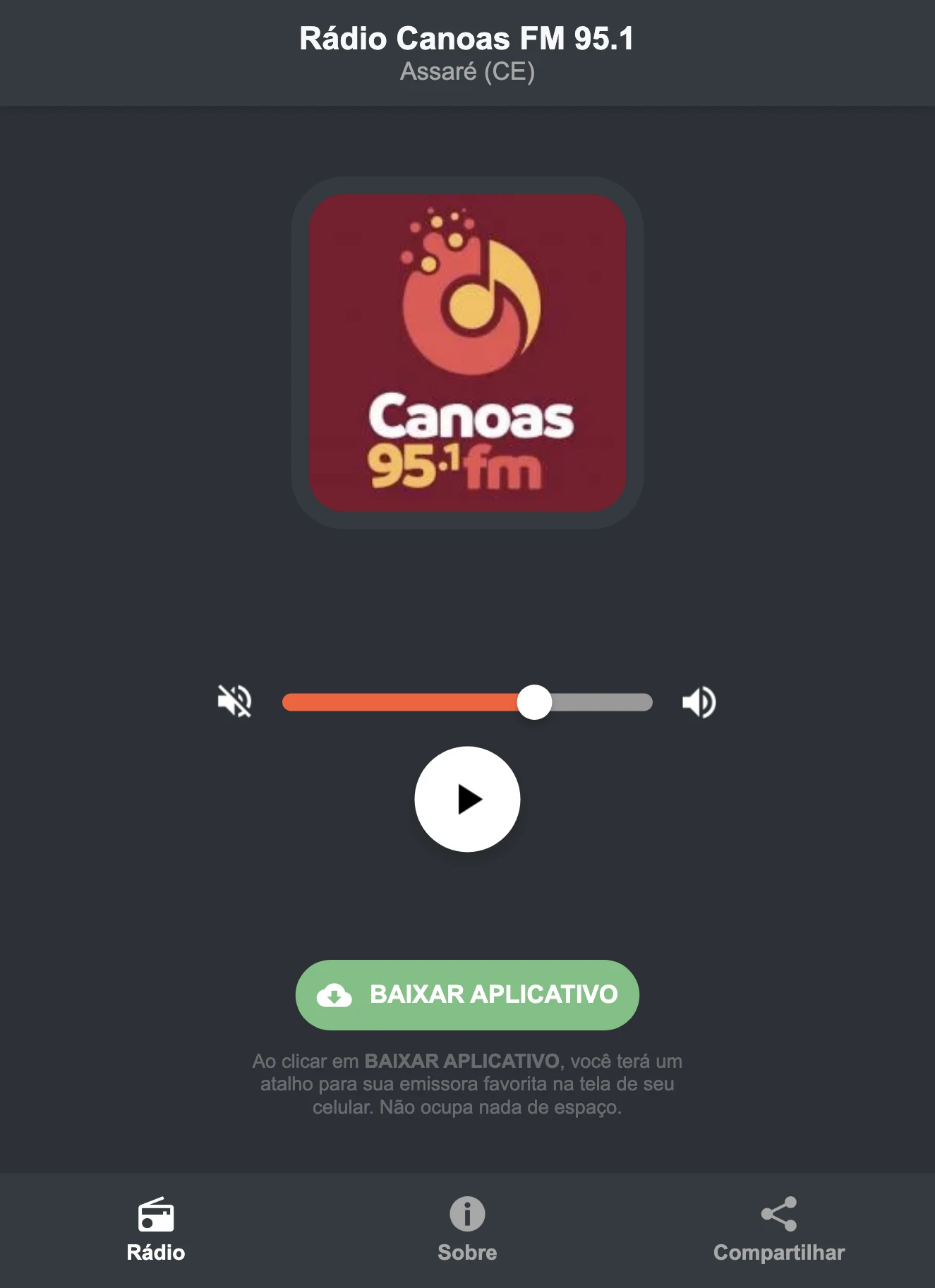 Screenshot do aplicativo da Rádio Canoas FM 95.1
