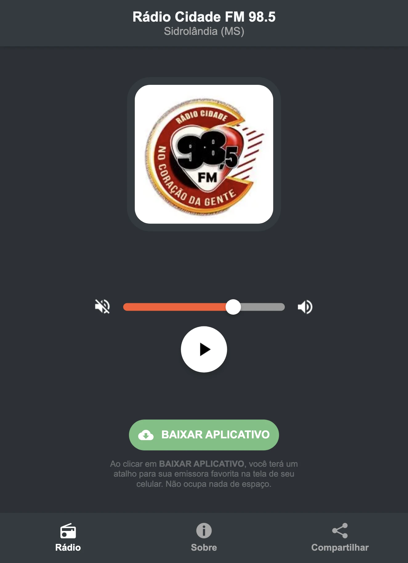 Screenshot do aplicativo da Rádio Cidade FM 98.5