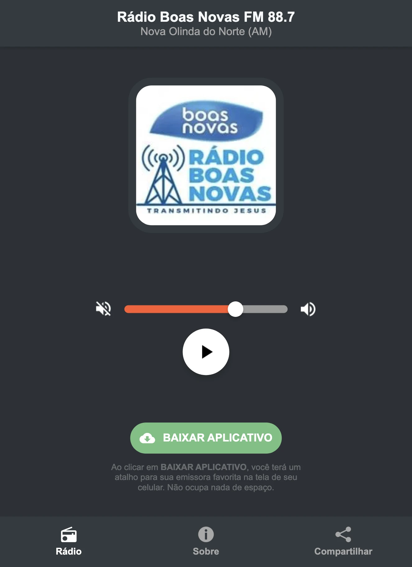 Screenshot do aplicativo da Rádio Boas Novas FM 88.7