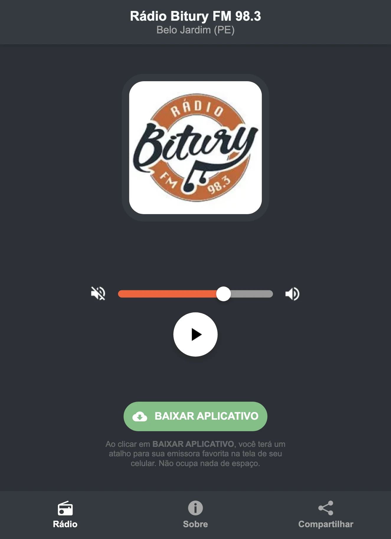 Screenshot do aplicativo da Rádio Bitury FM 98.3