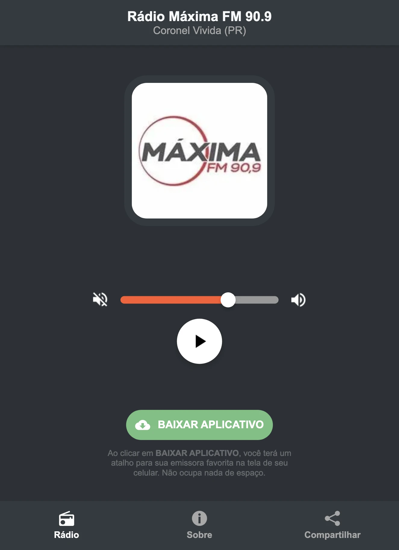 Screenshot do aplicativo da Rádio Máxima FM 90.9