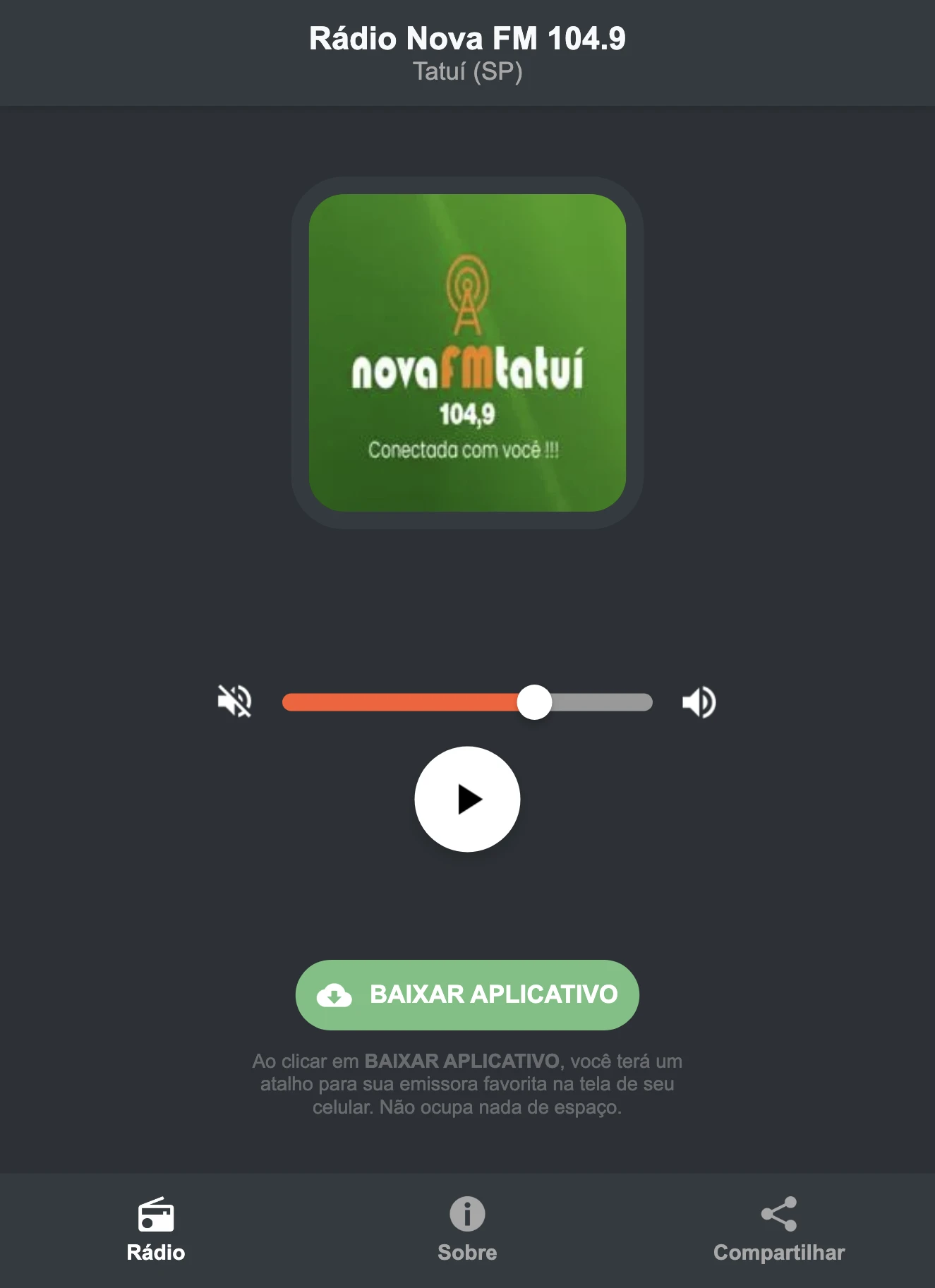 Screenshot do aplicativo da Rádio Nova FM 104.9
