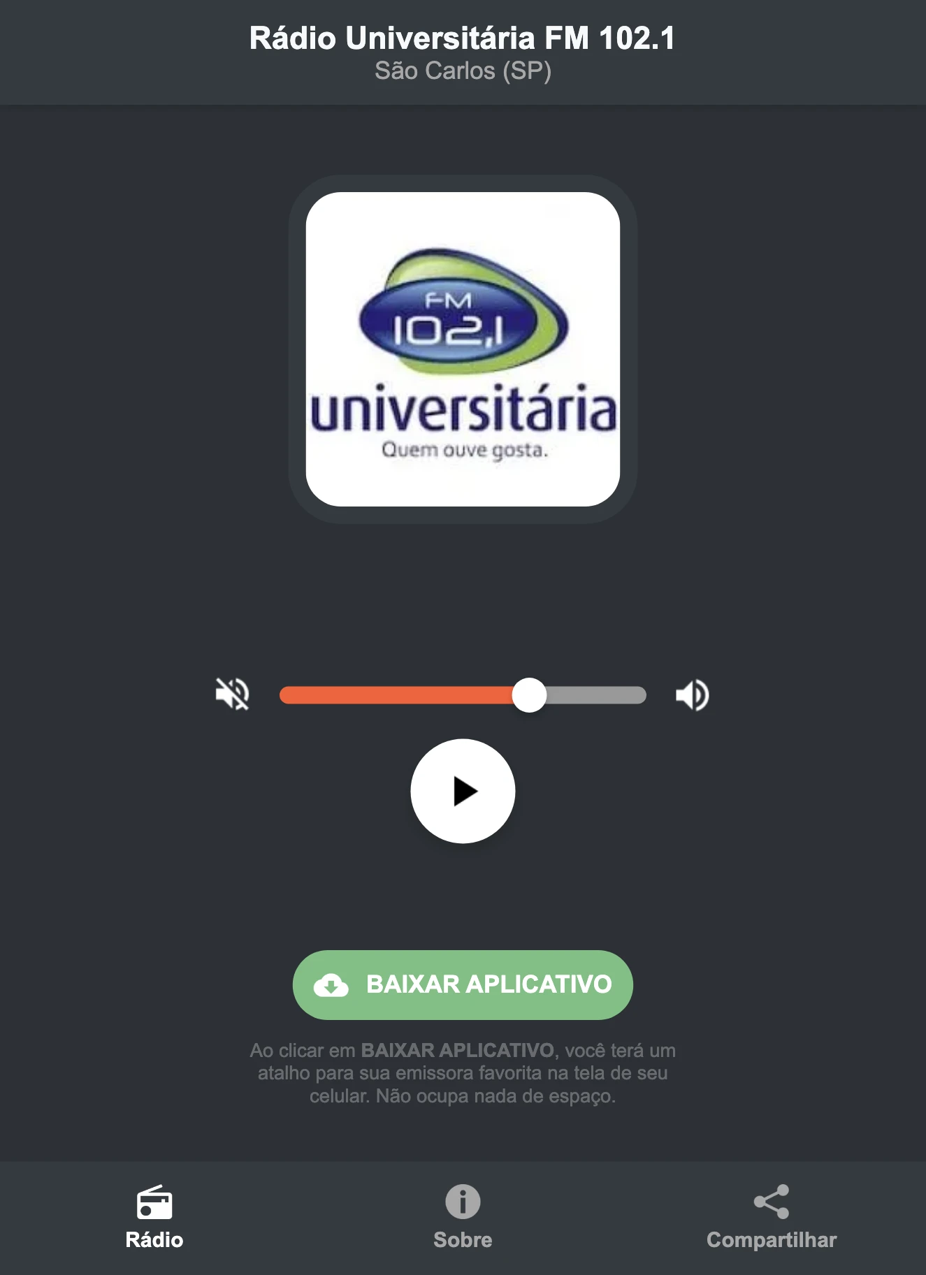 Screenshot do aplicativo da Rádio Universitária FM 102.1