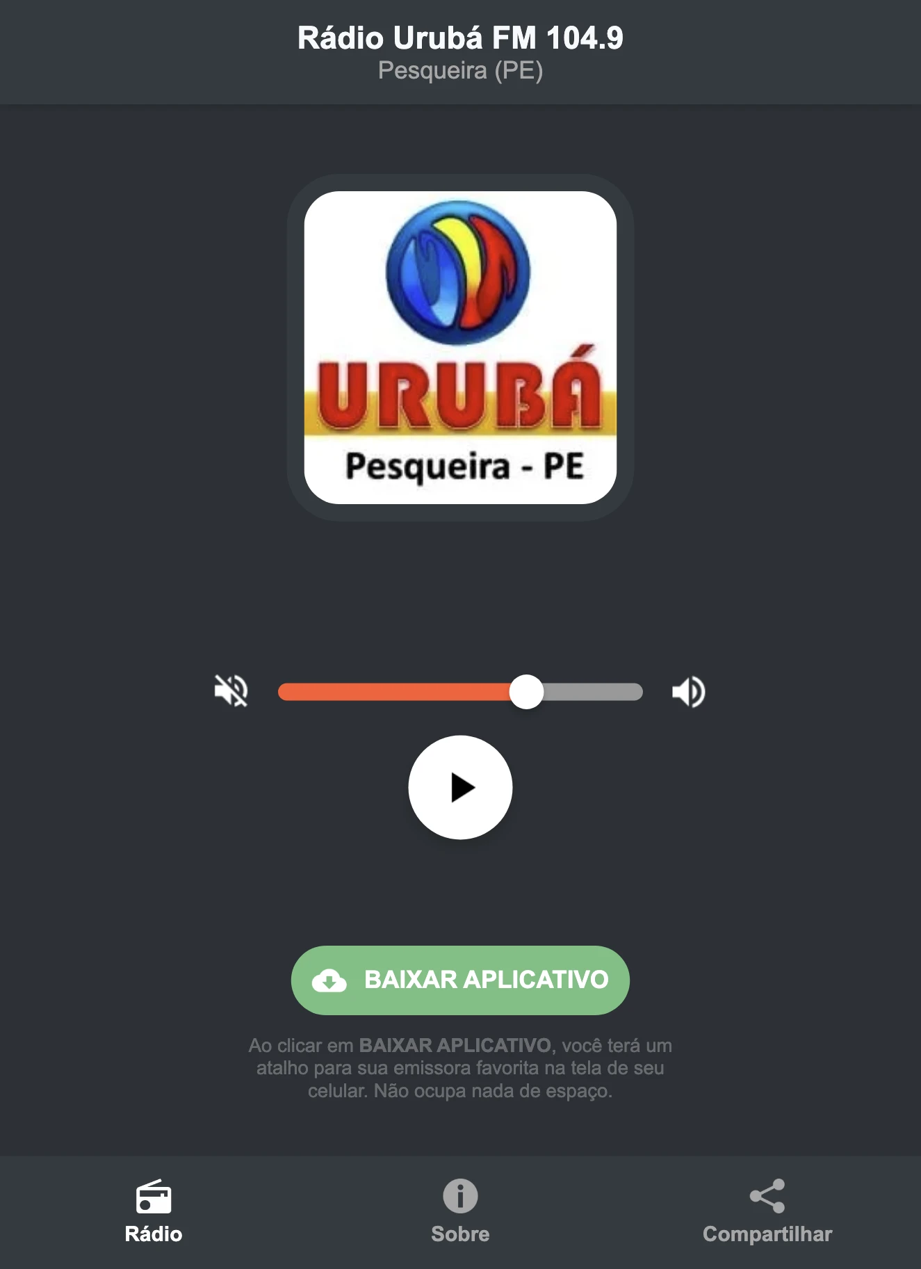Screenshot do aplicativo da Rádio Urubá FM 104.9