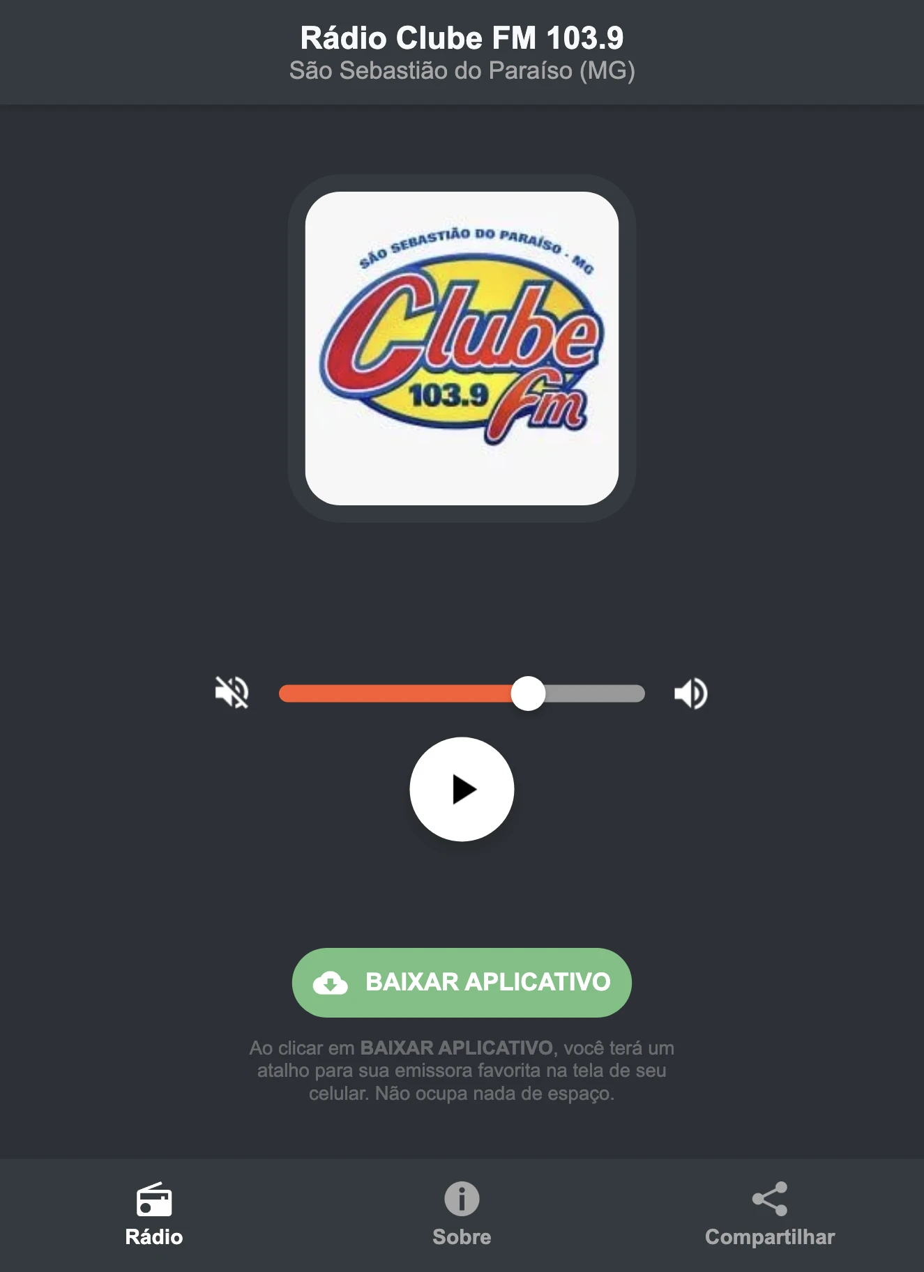 Screenshot do aplicativo da Rádio Clube FM 103.9