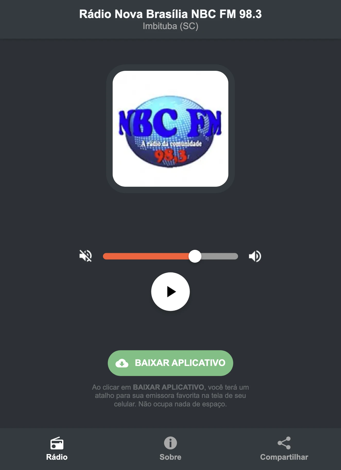 Screenshot do aplicativo da Rádio Nova Brasília NBC FM 98.3