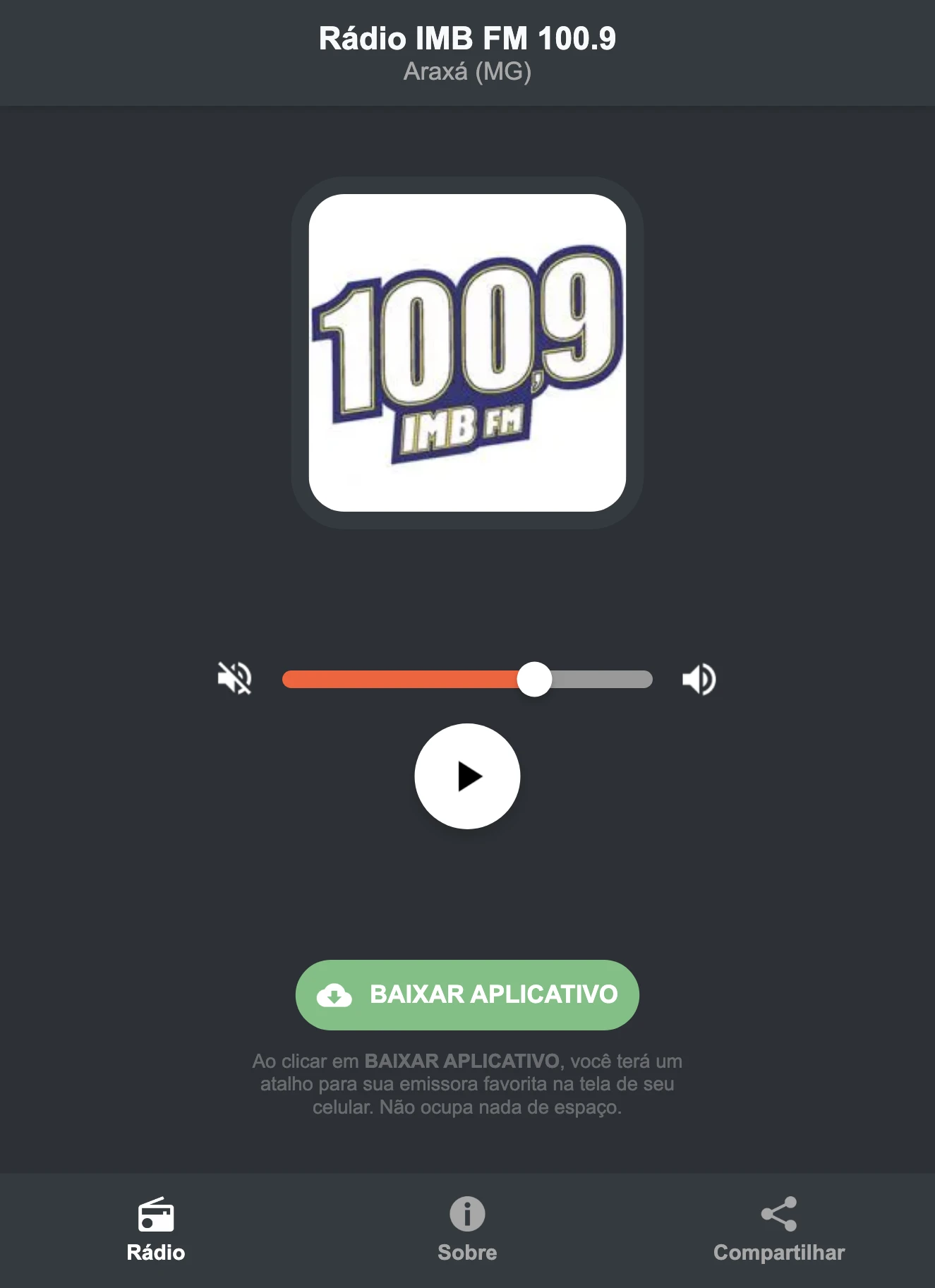 Screenshot do aplicativo da Rádio IMB FM 100.9