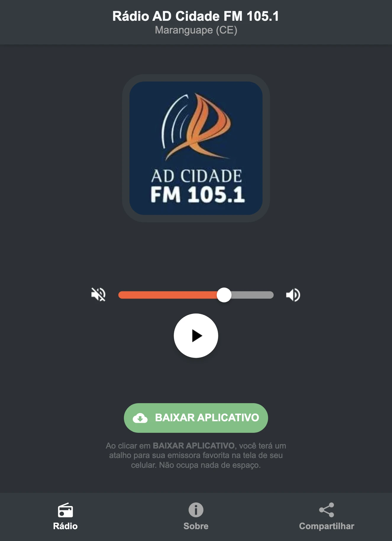 Screenshot do aplicativo da Rádio AD Cidade FM 105.1