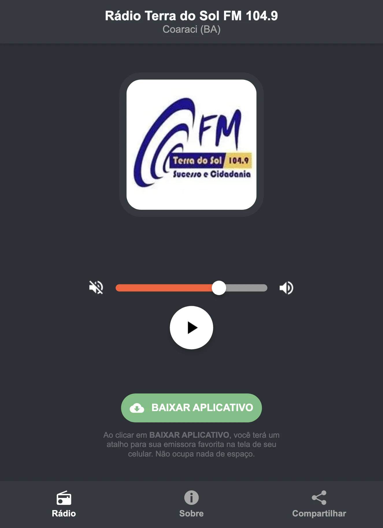 Screenshot do aplicativo da Rádio Terra do Sol FM 104.9