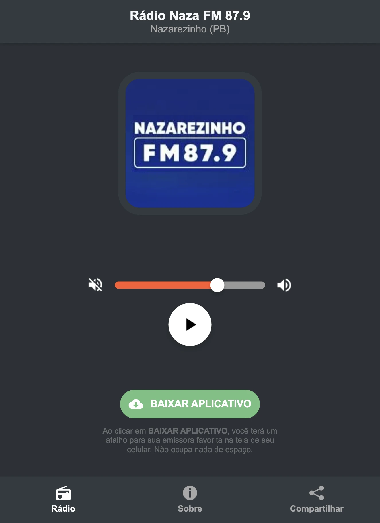 Screenshot do aplicativo da Rádio Naza FM 87.9
