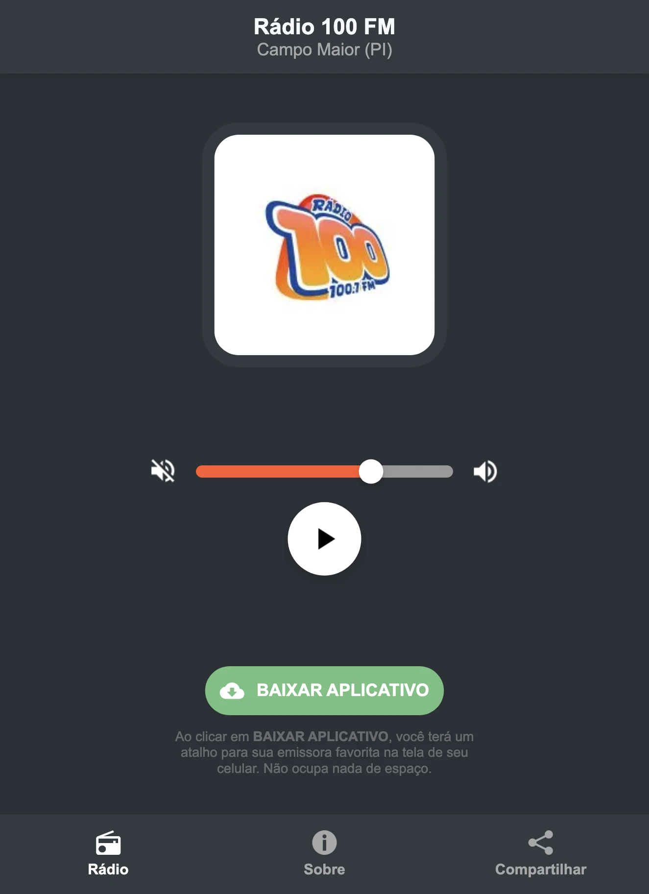 Screenshot do aplicativo da Rádio 100 FM