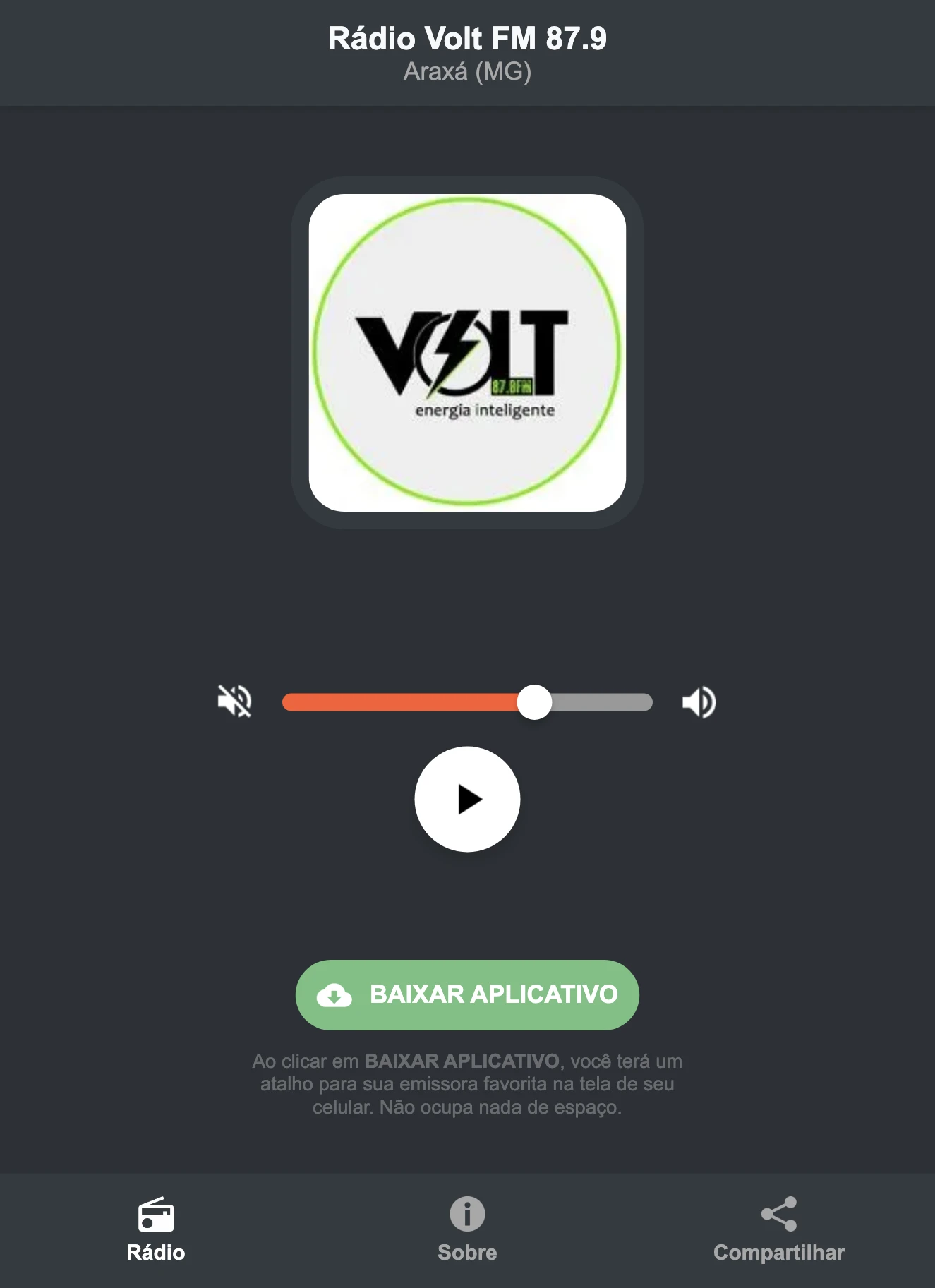 Screenshot do aplicativo da Rádio Volt FM 87.9