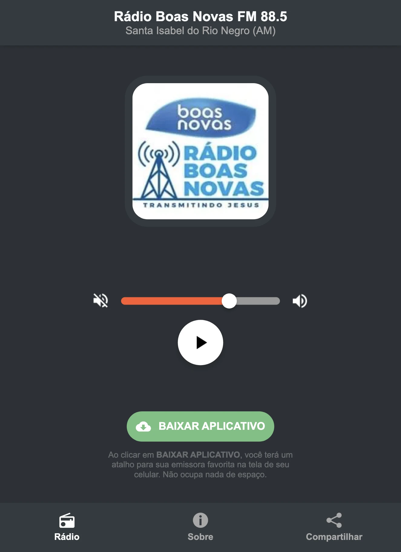 Screenshot do aplicativo da Rádio Boas Novas FM 88.5