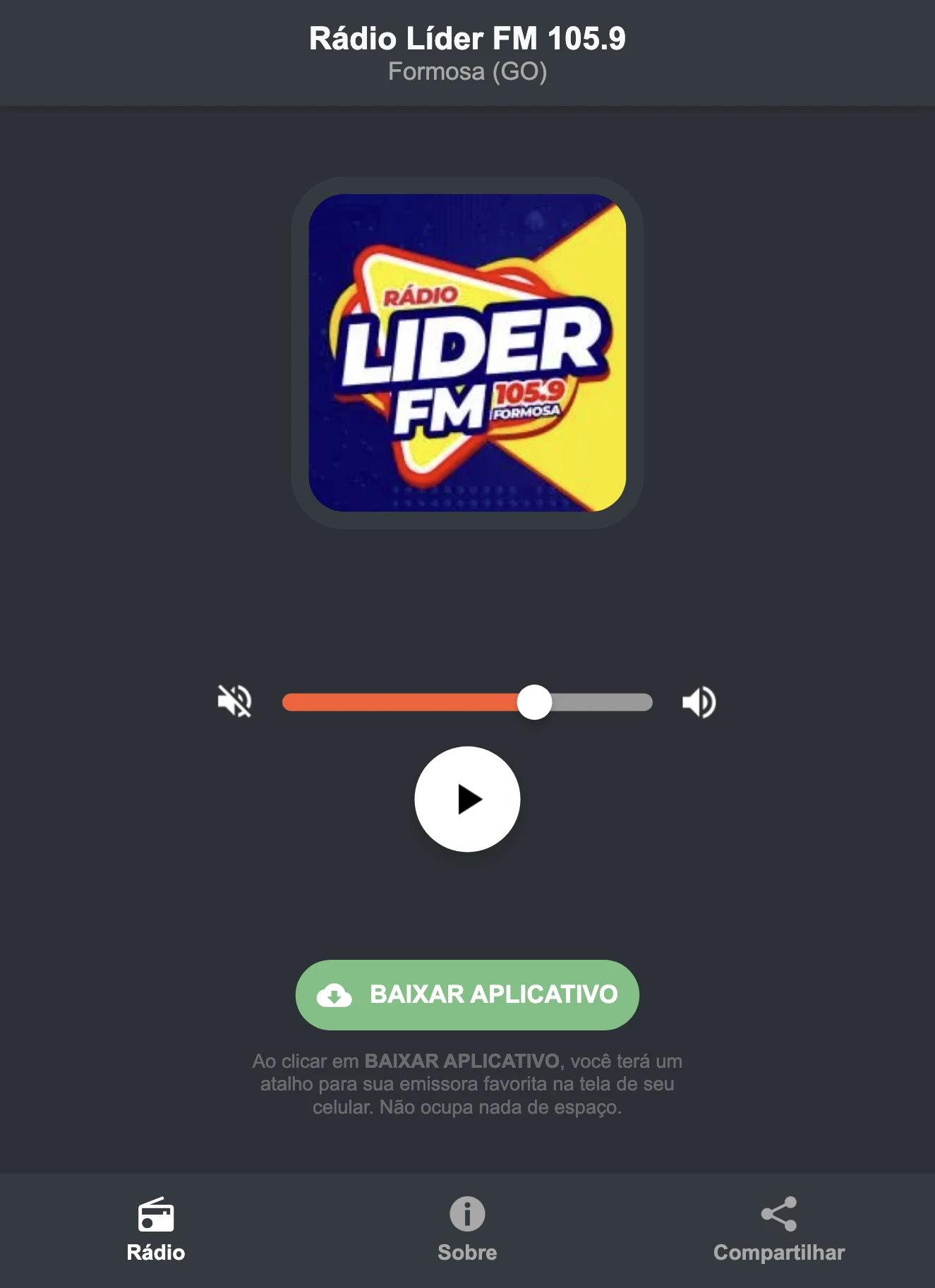 Screenshot do aplicativo da Rádio Líder FM 105.9