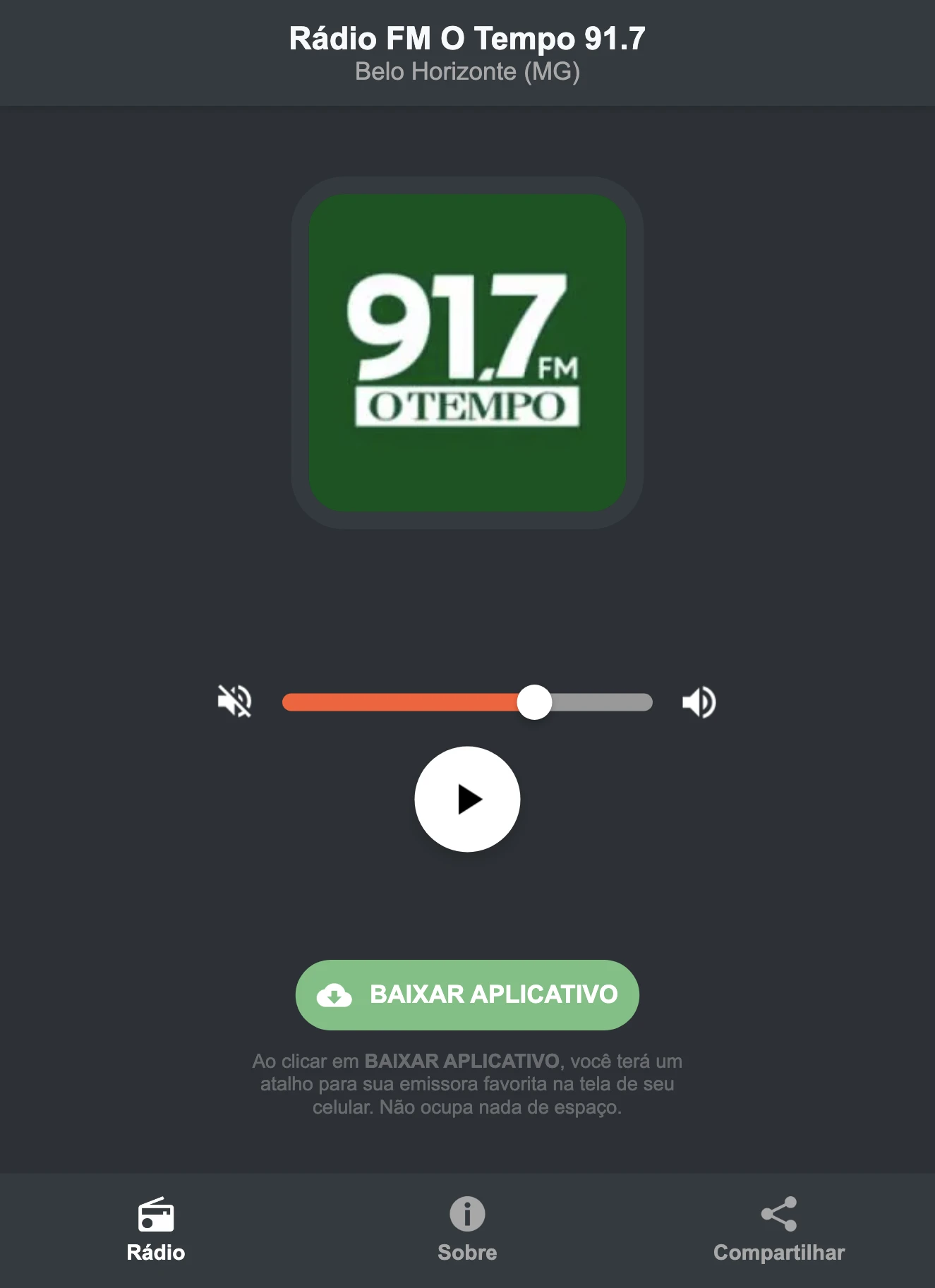 Screenshot do aplicativo da Rádio FM O Tempo 91.7