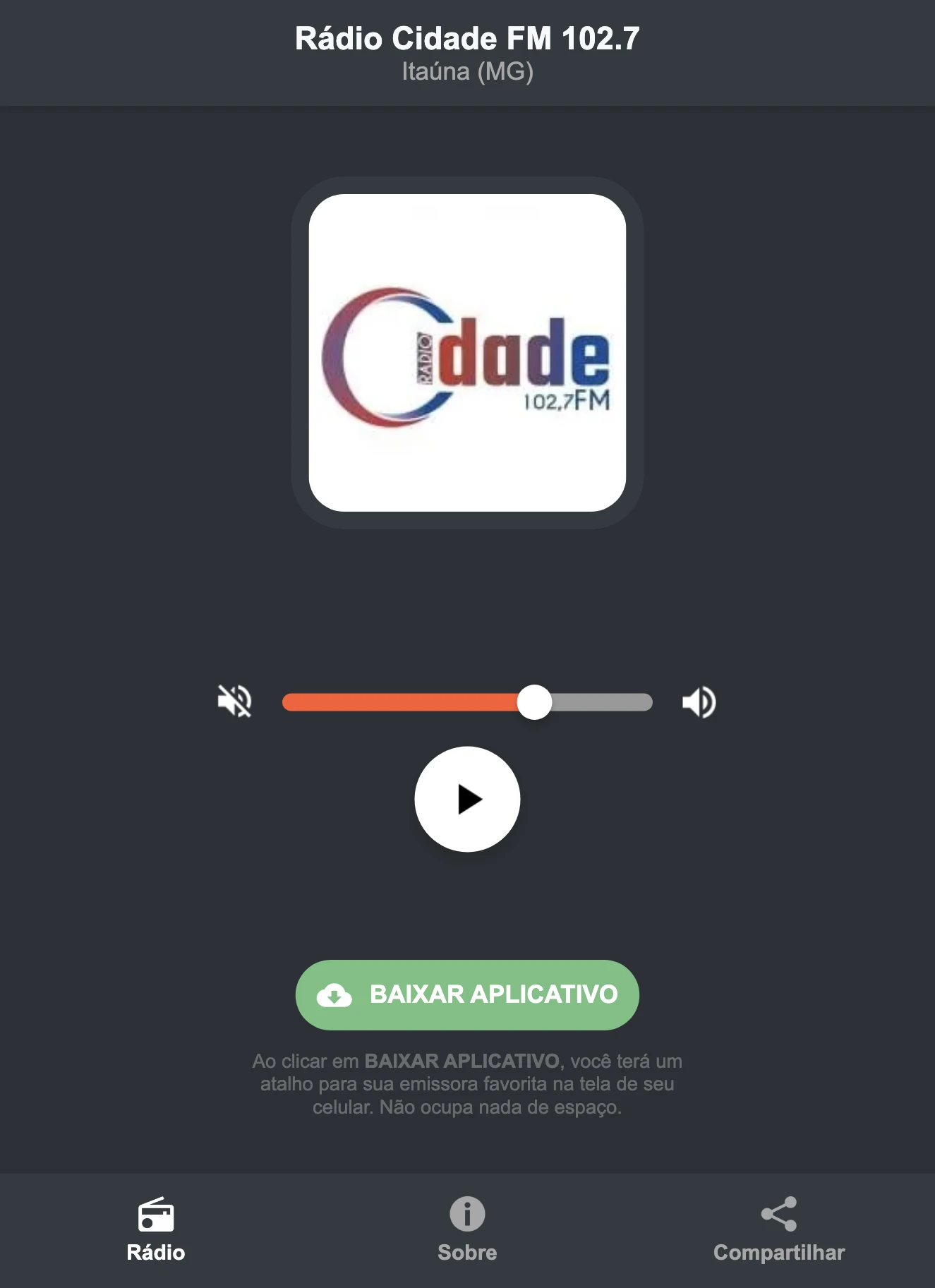 Screenshot do aplicativo da Rádio Cidade FM 102.7