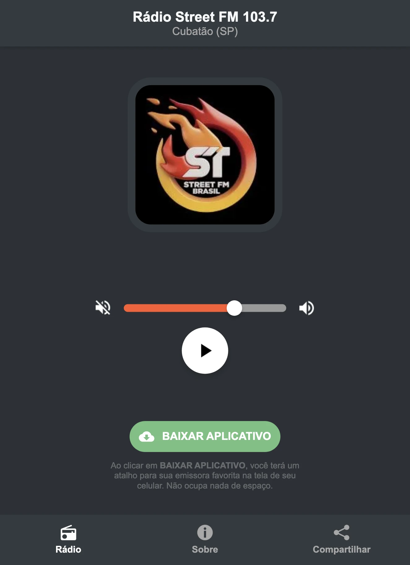 Screenshot do aplicativo da Rádio Street FM 103.7