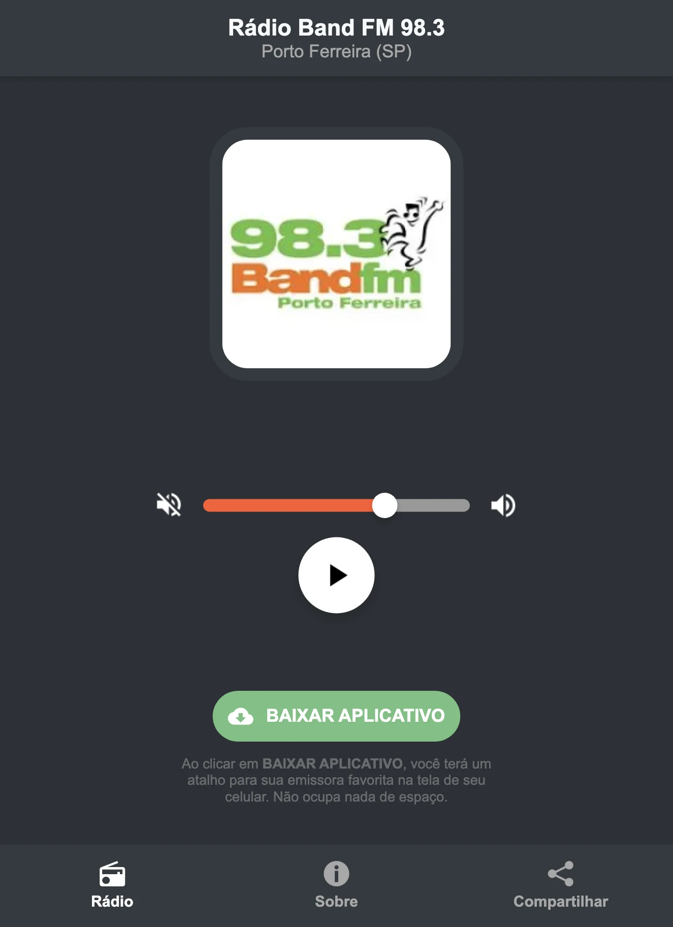 Screenshot do aplicativo da Rádio Band FM 98.3